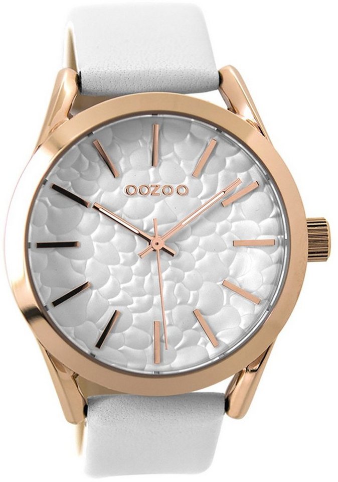 OOZOO Quarzuhr Oozoo Damen Armbanduhr weiß, Damenuhr rund, groß (ca. 43mm)  Lederarmband, Fashion-Style