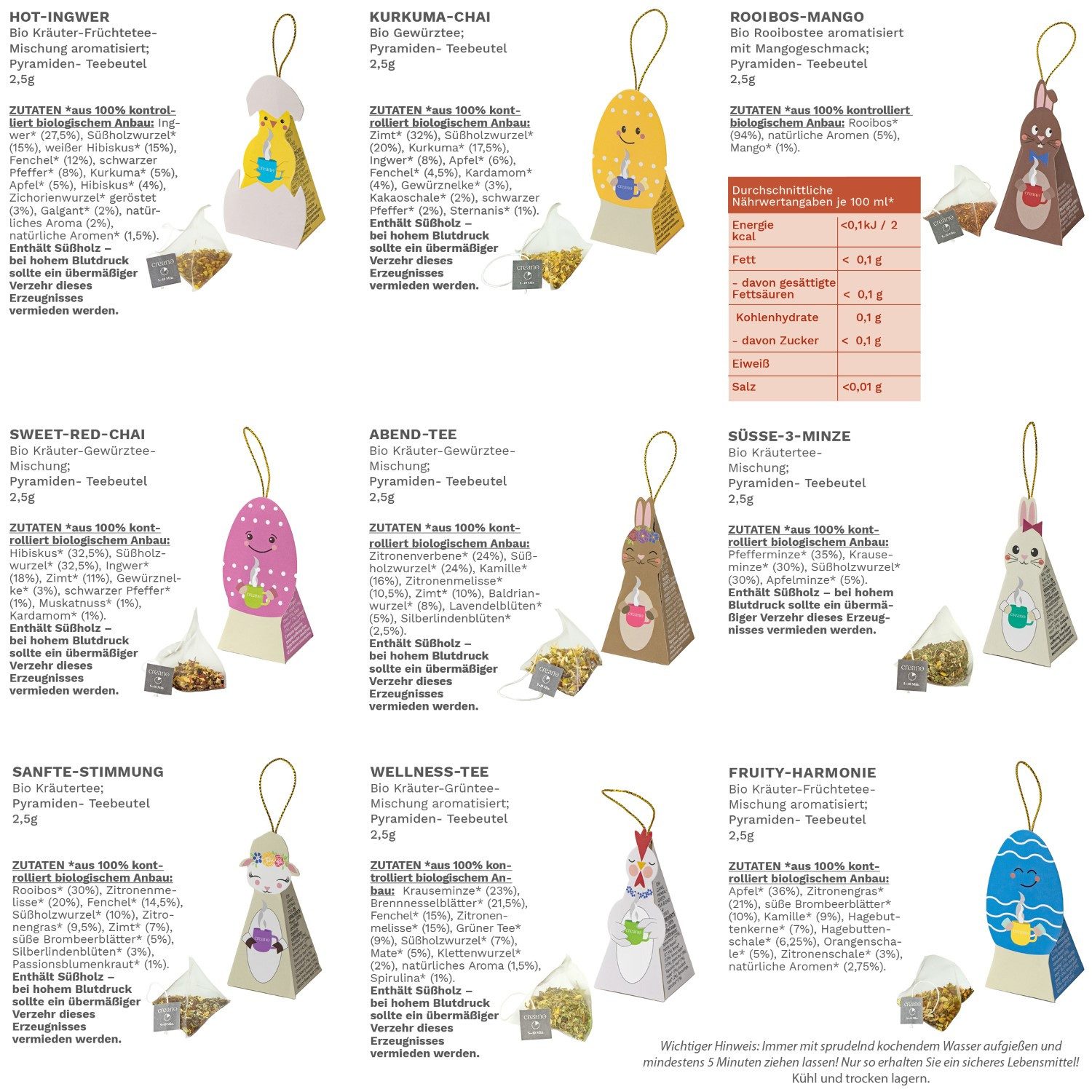 Creano Oster-Edition Bio Kräutertee 9er Pyramiden „ORGANIC HERBAL TEA“ Im Teebeutel, 1 er 1 St., 0,0225 g