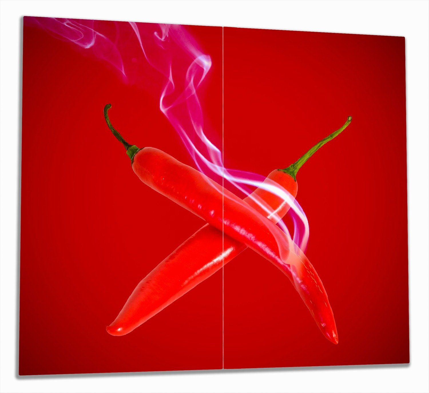 Wallario Herd-Abdeckplatte Rauchende Chili-Schoten im Duo vor rotem Hintergrund, ESG-Sicherheitsglas, (Glasplatte, 2 tlg., inkl. 5mm Noppen), verschiedene Größen