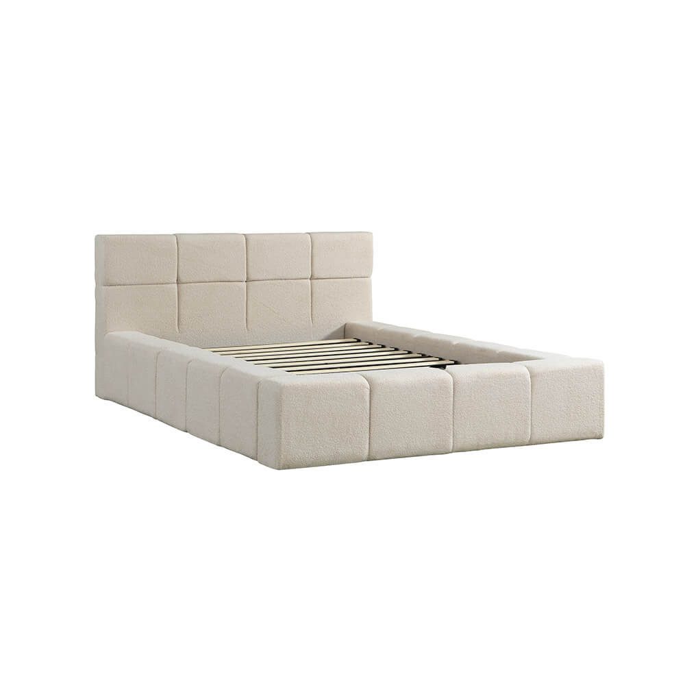 HOME DELUXE Polsterbett LED-Bett aus Teddy-Stoff mit Ablage GALA (140 x 200 cm, Bouclé Bett), inkl. Bettkasten, Lattenrost & großes gepolstertes Kopfteil