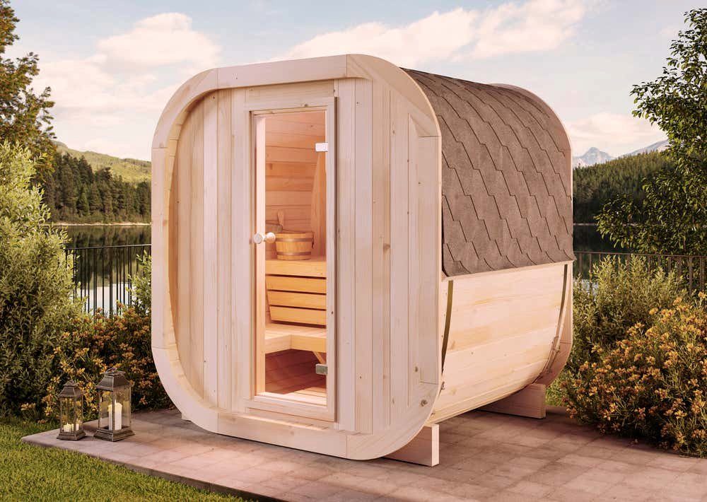 FinnTherm Fasssauna ScandiCube Mini XS, BxTxH: 210 x 166 x 214 cm, 42 mm, in Naturbelassen Inkl. Fußboden