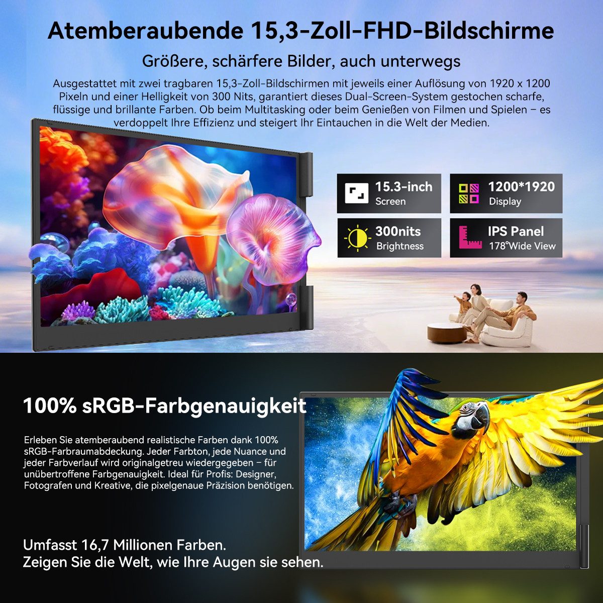 blackview 15,6 Zoll Gaming Monitor DCM8 IPS 1920x1200 FHD, Dual-Screen, LCD, 2K- Portabler Monitor (38,9 cm/15.6 ", 1920*1200 px, Full HD, 60 Hz, IPS, Laptop Bildschirm Erweiterung/Smartphone/PC/Mac/Switch/PS5/Xbox)