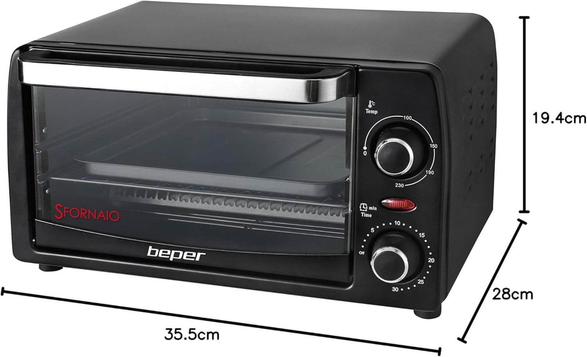 Beper Minibackofen Mini-Backofen 12 L, 1050 W, Timer & Temperatur bis 230 °C, 1050 W für schnelles Garen, Überbacken oder Aufwärmen.
