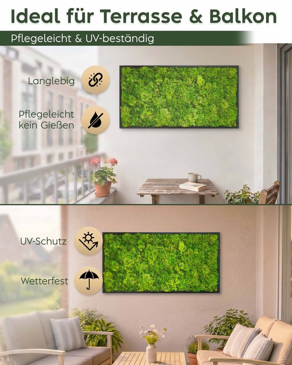 Kunstpflanze Künstliche Pflanzenwand Indoor & Outdoor, Blumenwand mit Rahmen Moos, JELLE & JACOB, Höhe 100 cm, pflegeleicht & langlebig im Kunststoff-Rahmen Schwarz