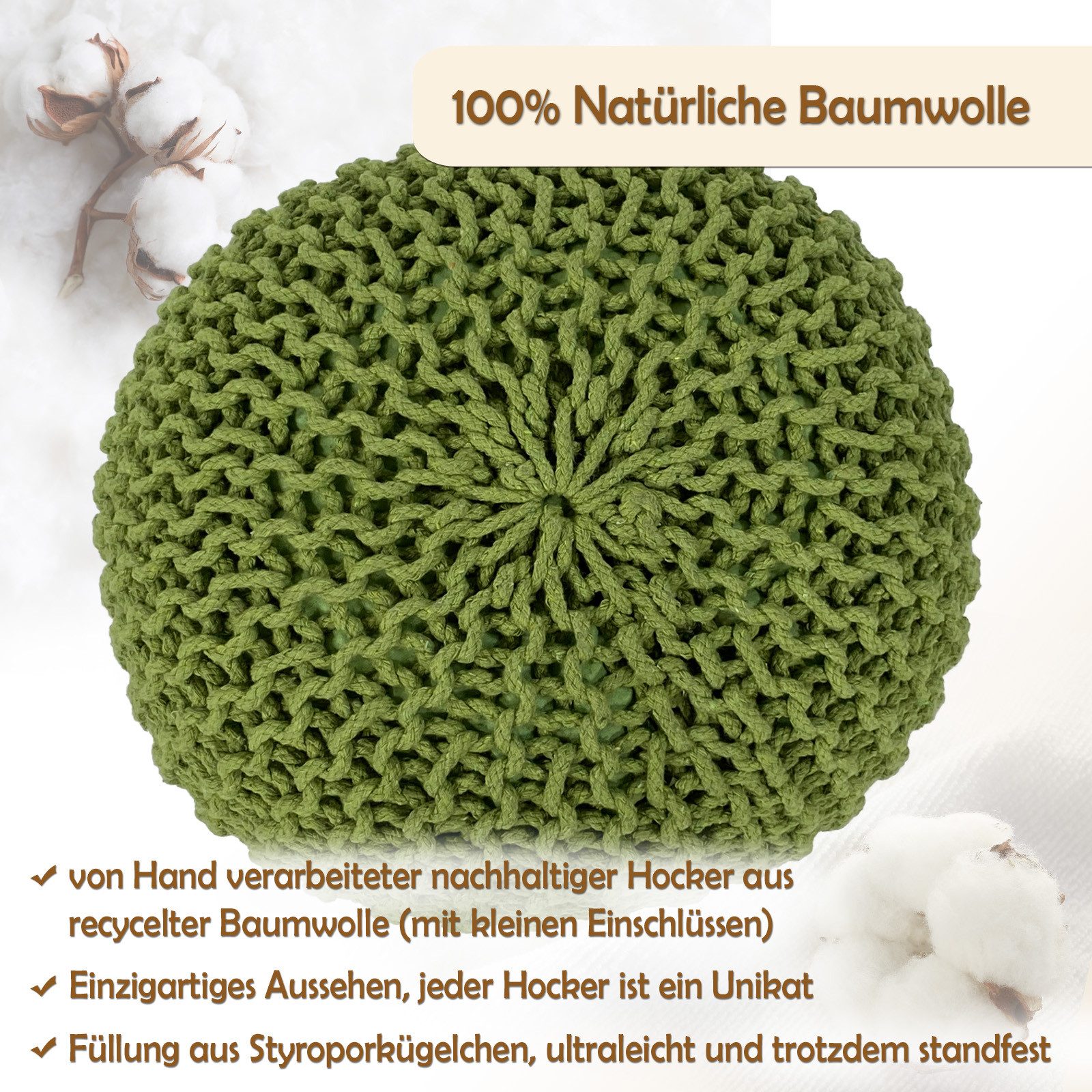 Amagohome Sitzhocker Strickhocker Pouf Ø45 o. 55cm Bodenkissen Sitzpouf XXL Baumwolle recyc
