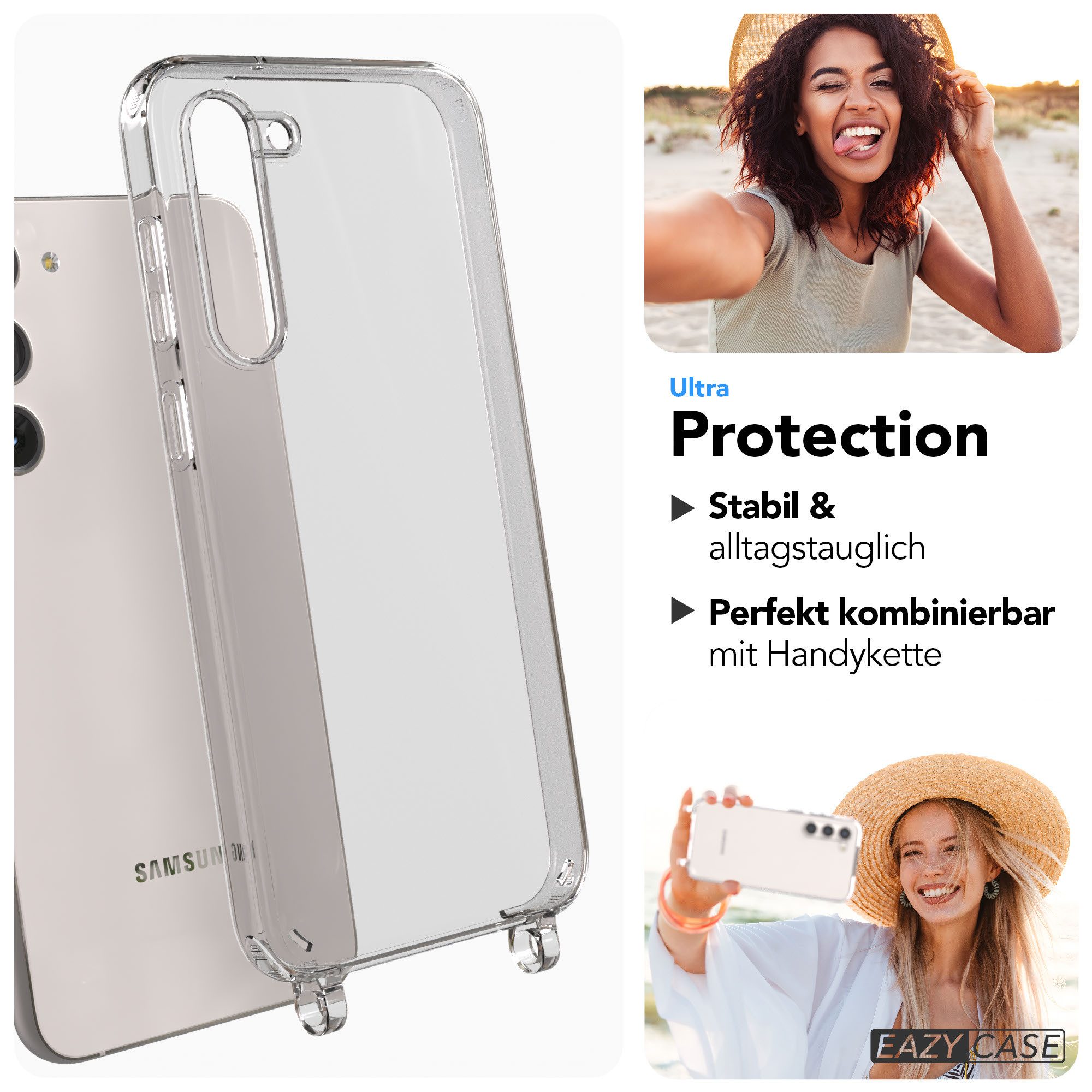 EAZY CASE Handykette Handyhülle für Handyketten mit Befestigungsösen für Samsung Modelle 6,6 Zoll, Hülle für Handykette, Transparent mit Ösen für Samsung Galaxy S23 Plus