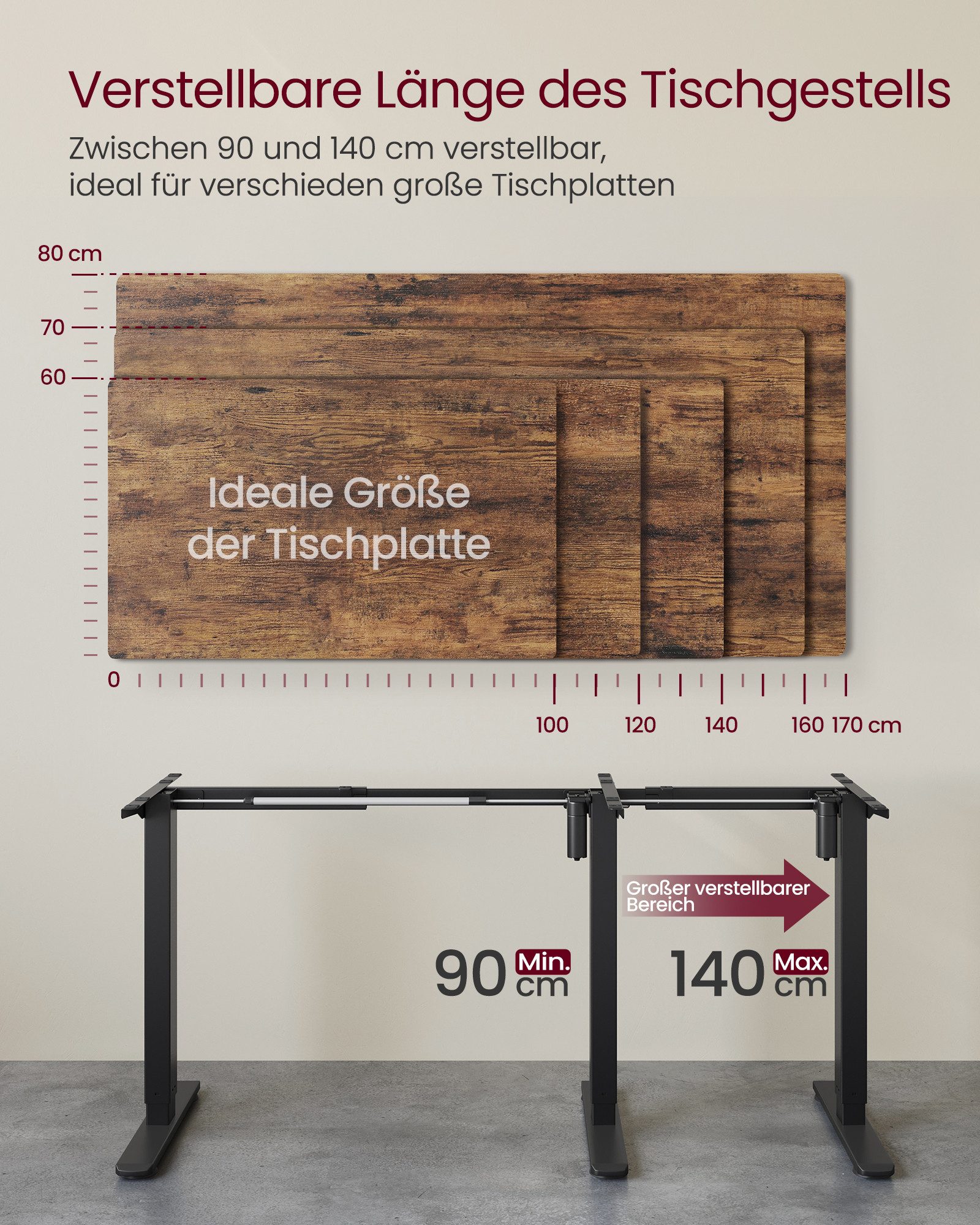 VASAGLE Schreibtisch Höhenverstellbarer Tischgestell, Elektrisch, mit 2 Haken, 4 Rollen, Memory-Funktion mit 3 Höhen