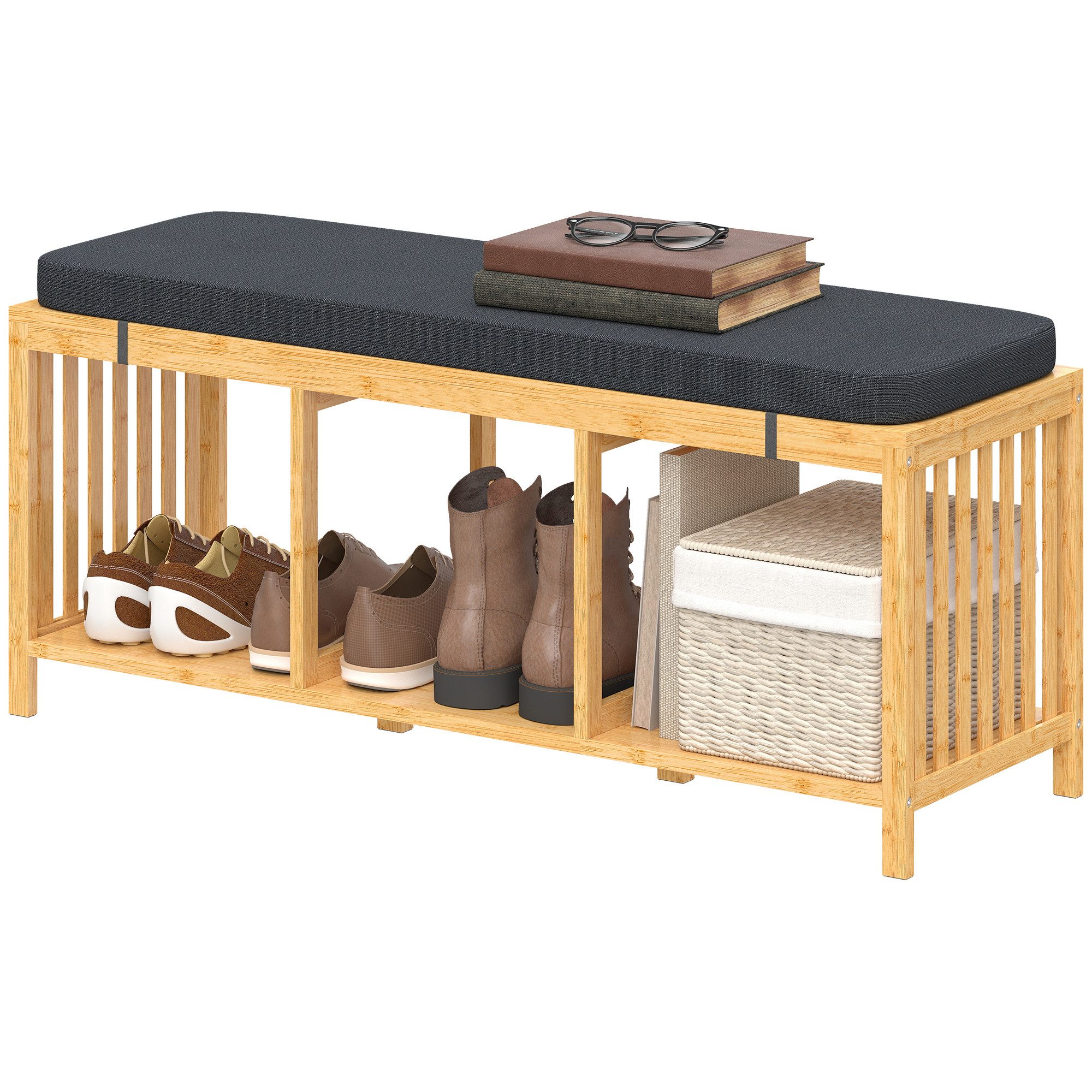 MODFU Schuhbank Bambus mit Sitzkissen, Flurbank Naturholz-Optik 102 x 33 x 45 cm (Packung, 1-St., Schuhregal aus Bambus, stabile Aufbewahrungslösung für Flur und Diele), Sitzbank mit Polsterung & offener Ablage für Schuhe – für den Eingang