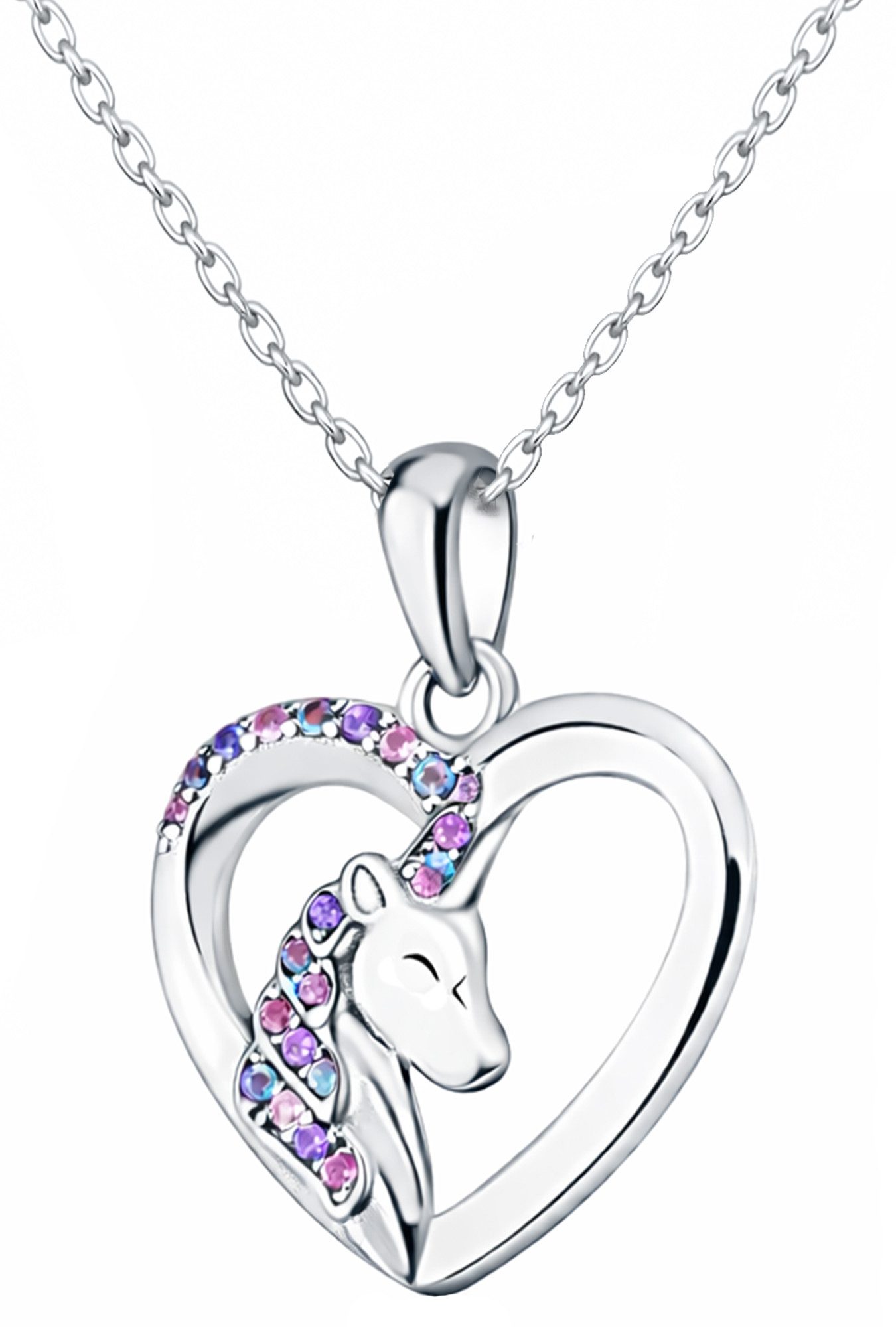 Limana Kette mit Anhänger Einhorn Kinderkette 925 Silber – Mädchen Halskette mit Herz Pferd (ink. Dose), Schmuck Geschenk für Kinder Silberkette Ostern Weihnachten Geburtstag