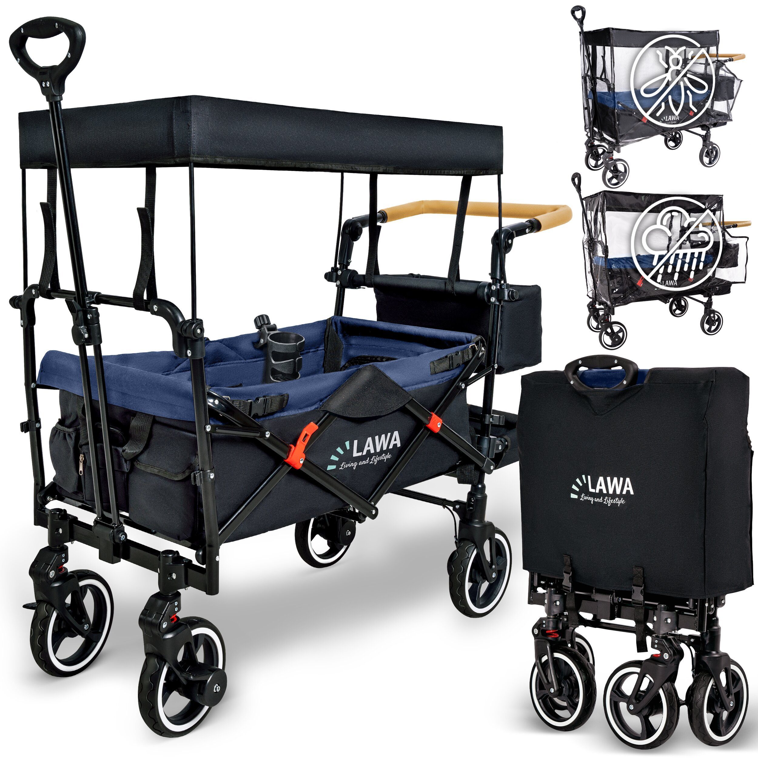 LAWA Living and Lifestyle Тележки faltbar mit Dach Handwagen klappbar für Kinder mit Regenschutz Bremse (Spar Set), Sonnendach Becherhalter Schiebegriff Fliegengitter Regenhaube bis 80kg