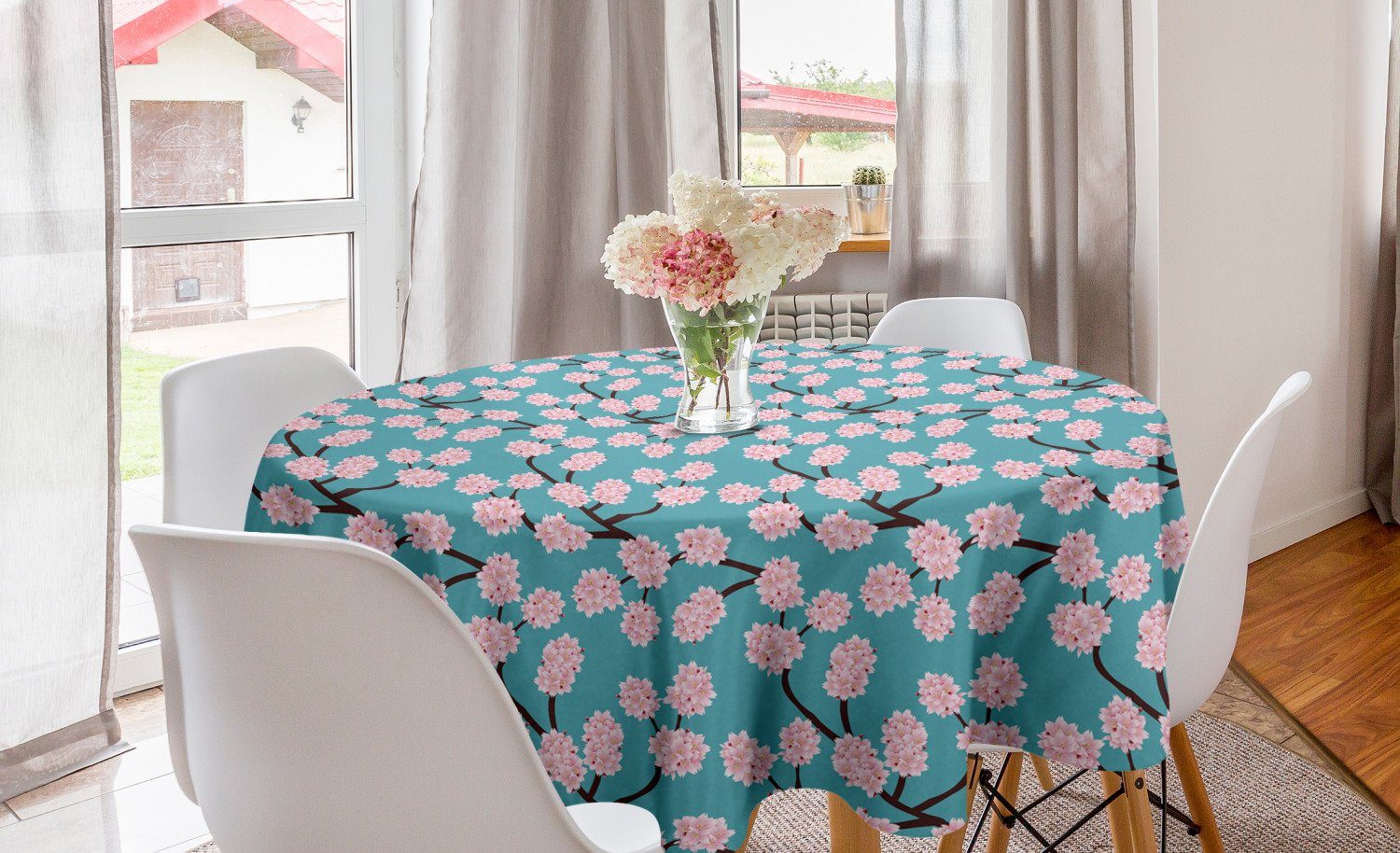 Abdeckung Tischdecke Dekoration, Esszimmer Abakuhaus Tischdecke Küche Blau für Und Kreis Pink Kirschblüte