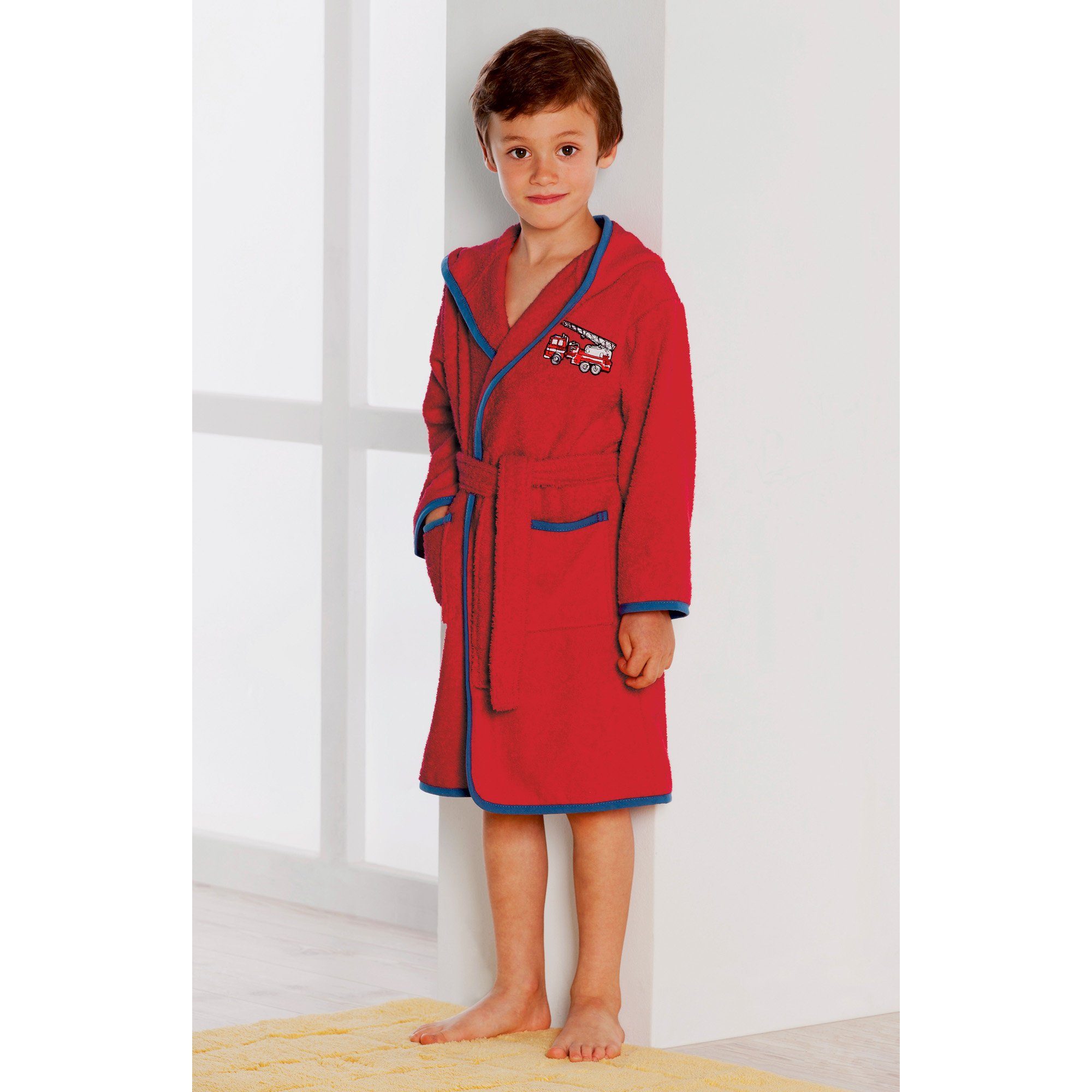 Erwin Müller Kinderbademantel Kinder-Bademantel mit Kapuze, Rückenlänge: 69 cm, Frottier, mit Kapuze/mit Aufsatztasche:, default, Walk-Frottier Uni/Motiv: Feuer – Bild 3 von 5