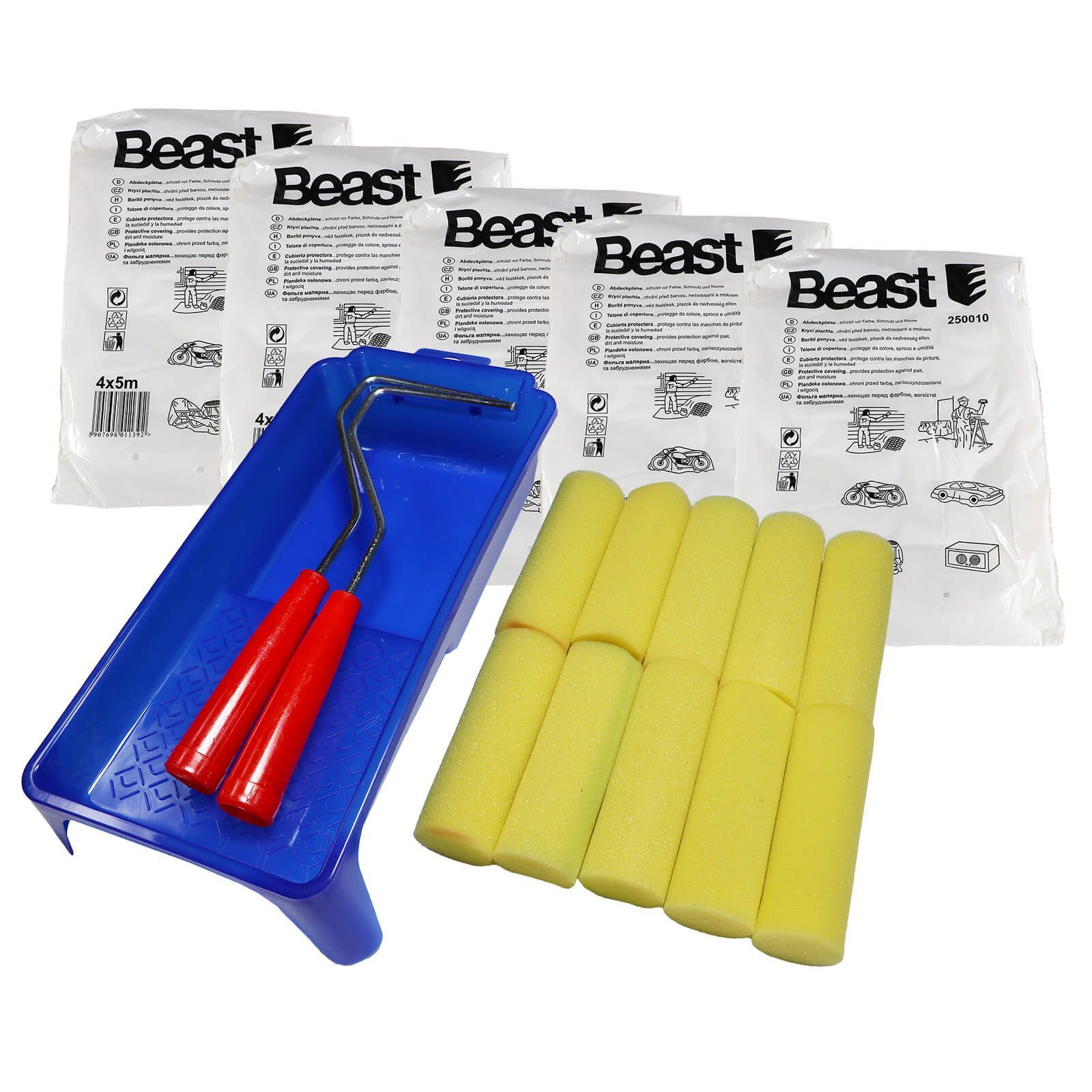 Beast Farbwalze Farbroller Set Lackierrollen Farbwalzen Farbwanne Abdeckfolie 18 (18-St)