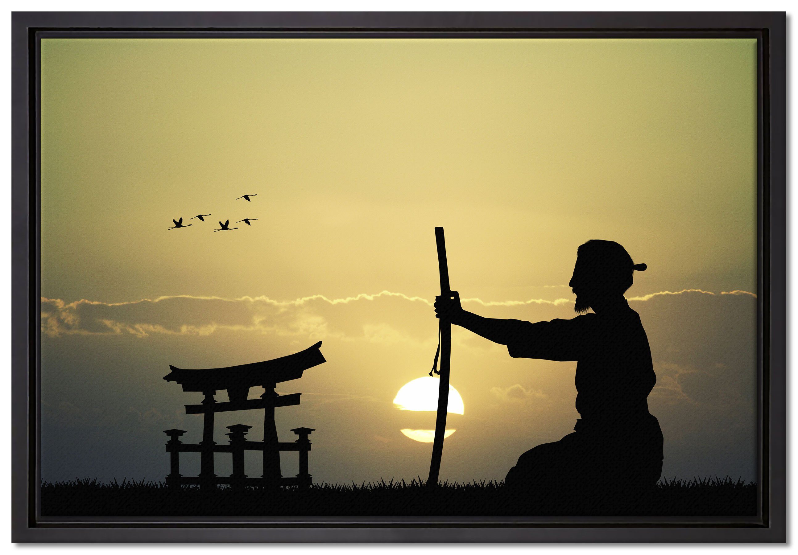 Pixxprint Leinwandbild Samurai-Meister vor Horizont, Leinwandbild Wanddekoration einem fertig Schattenfugen-Bilderrahmen in inkl. gefasst, bespannt, Zackenaufhänger (1 St)