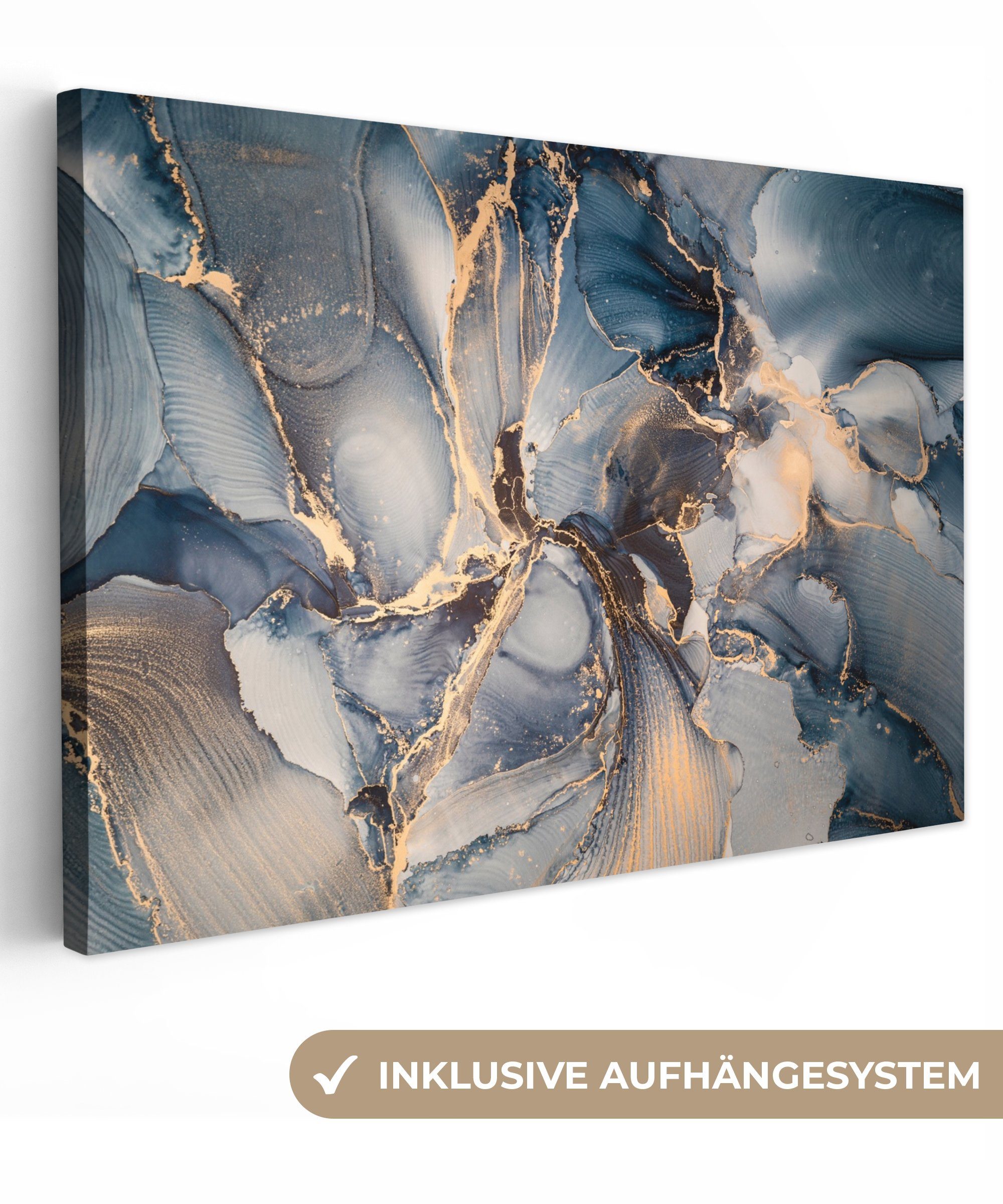 OneMillionCanvasses® Leinwandbild Marmor - Grau - Blau - Luxus - Gold, (1 St), Wandbild für alle Wohnbereiche, Gemälde, XXL, großes, 120x80 cm