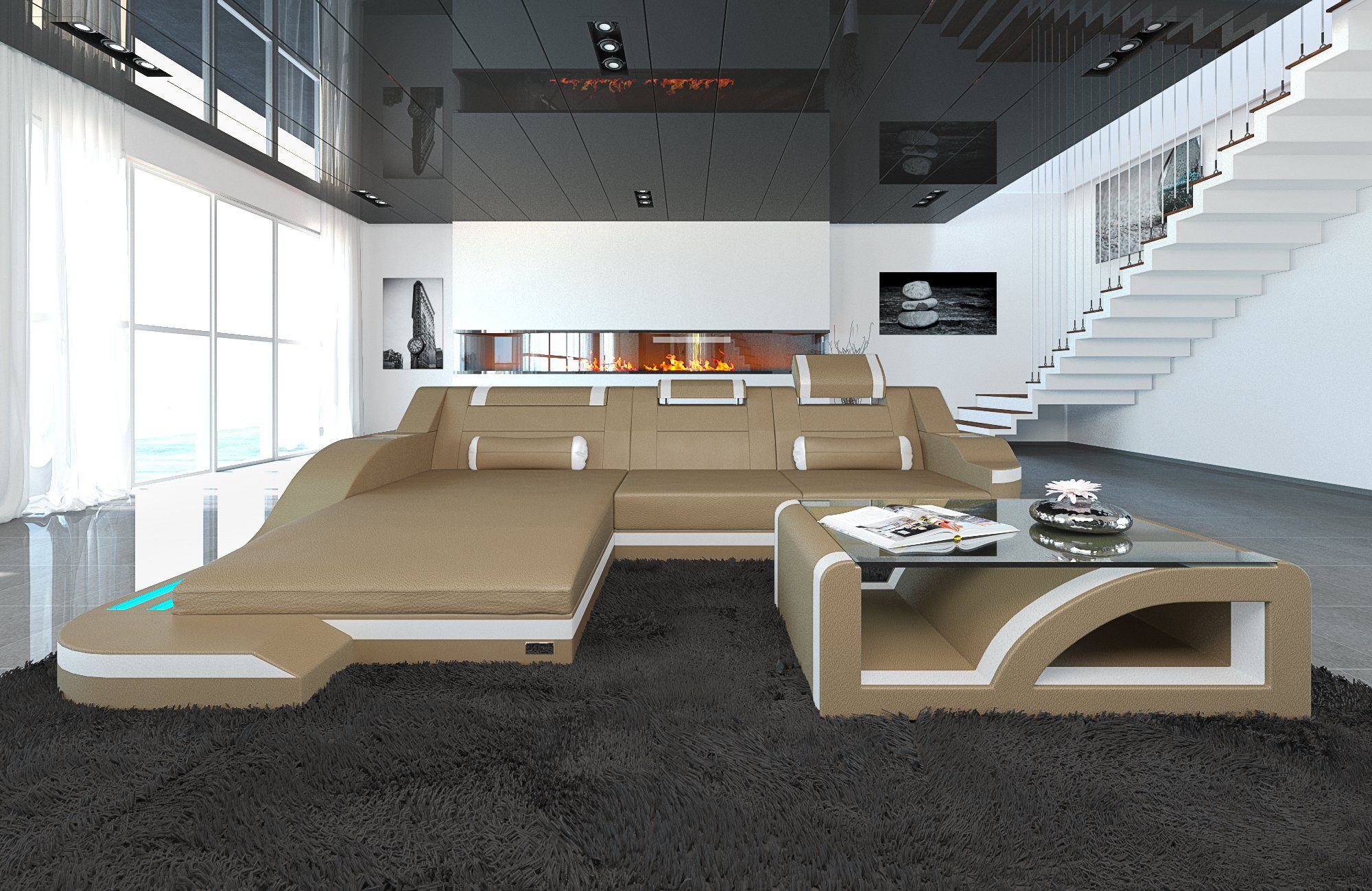 Form Ledersofa als Couch, Palermo Designersofa LED, mit Sofa Sofa Schlafsofa, mit Leder, Dreams L Ecksofa Bettfunktion Leder wahlweise