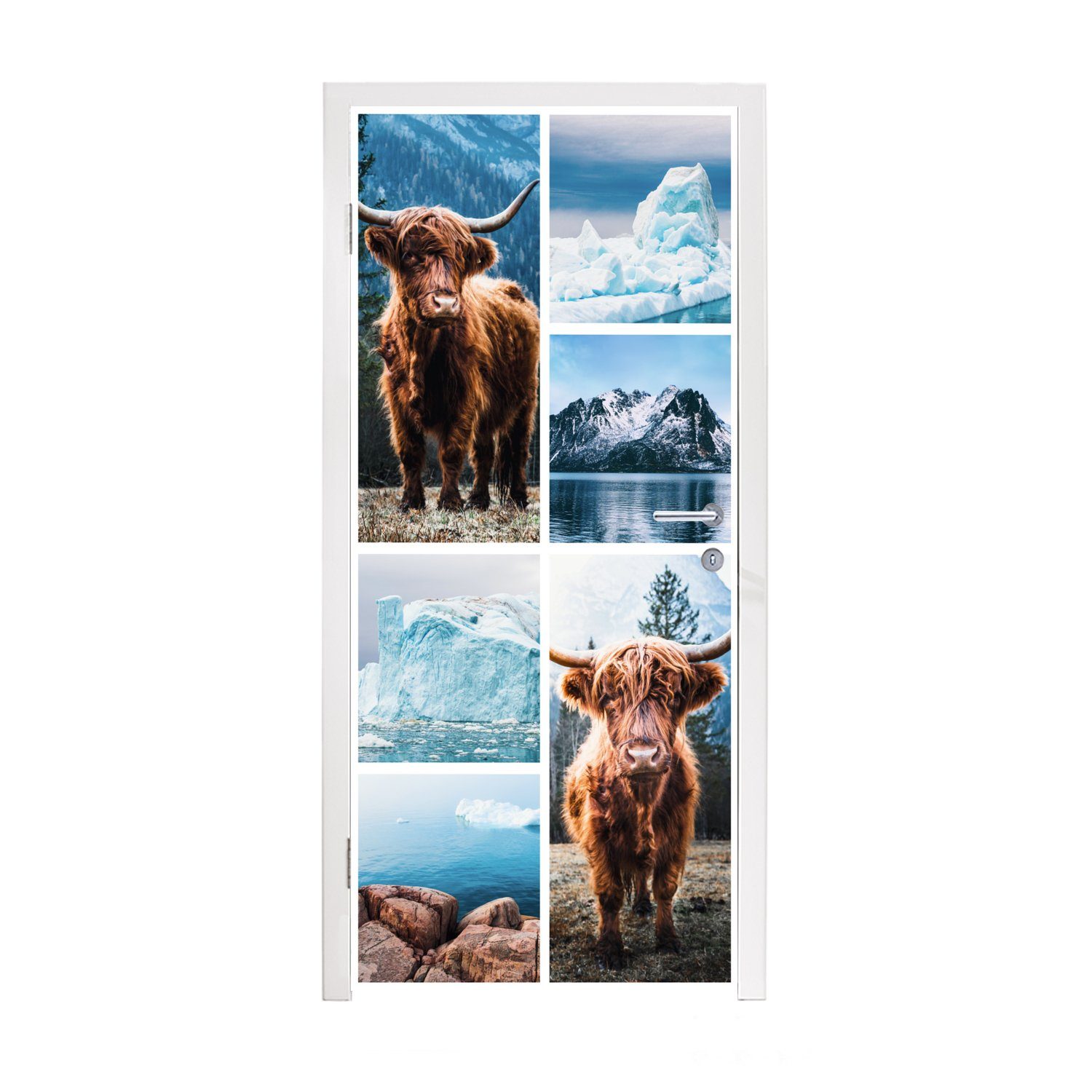 MuchoWow Türtapete Schottischer Highlander - Eiscreme - Collage, Matt, bedruckt, (1 St), Fototapete für Tür, Türaufkleber, 75x205 cm