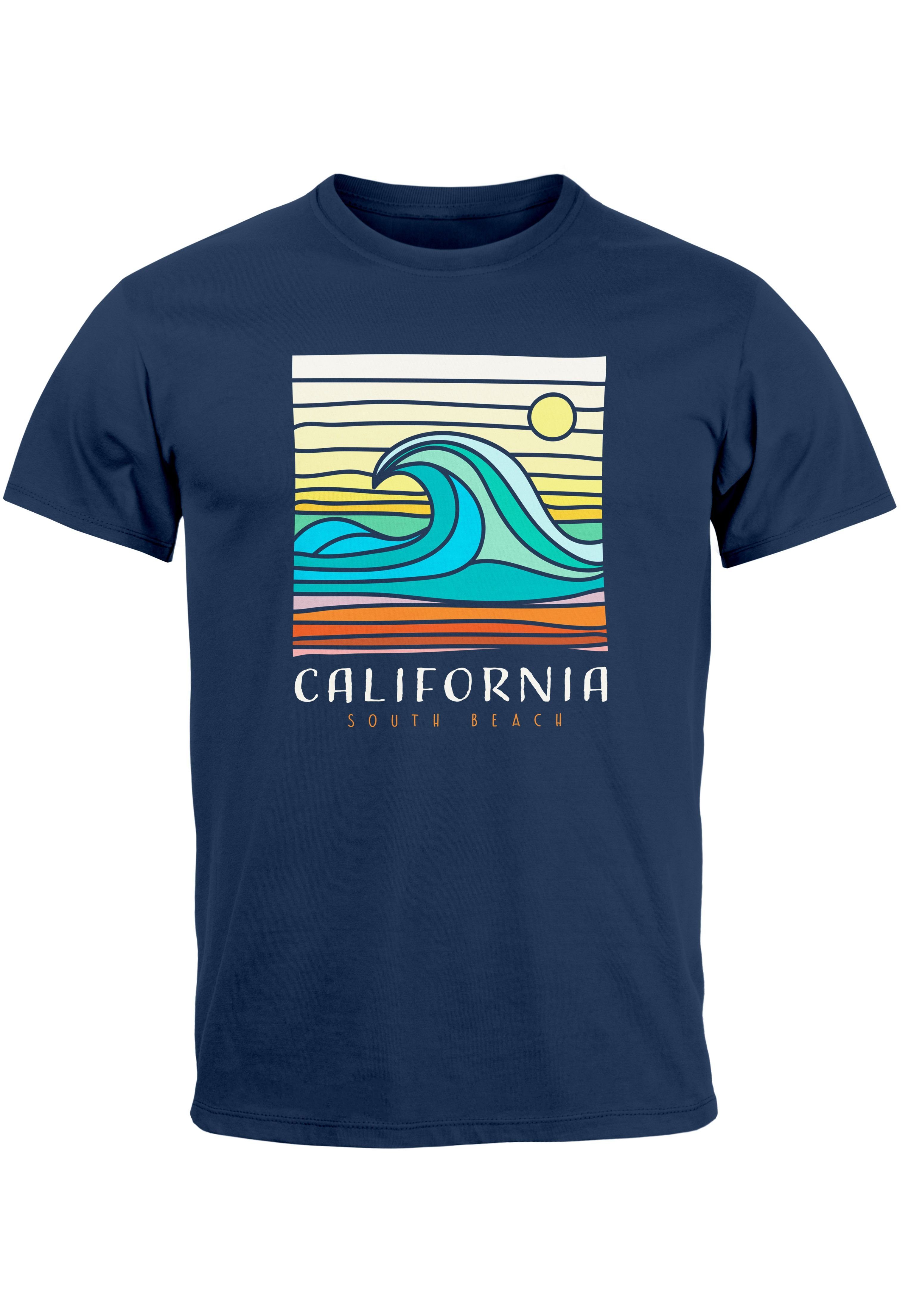 Neverless Print-Shirt Herren T-Shirt California South Beach Welle Wave Surfing Print Aufdruc mit Print navy | T-Shirts