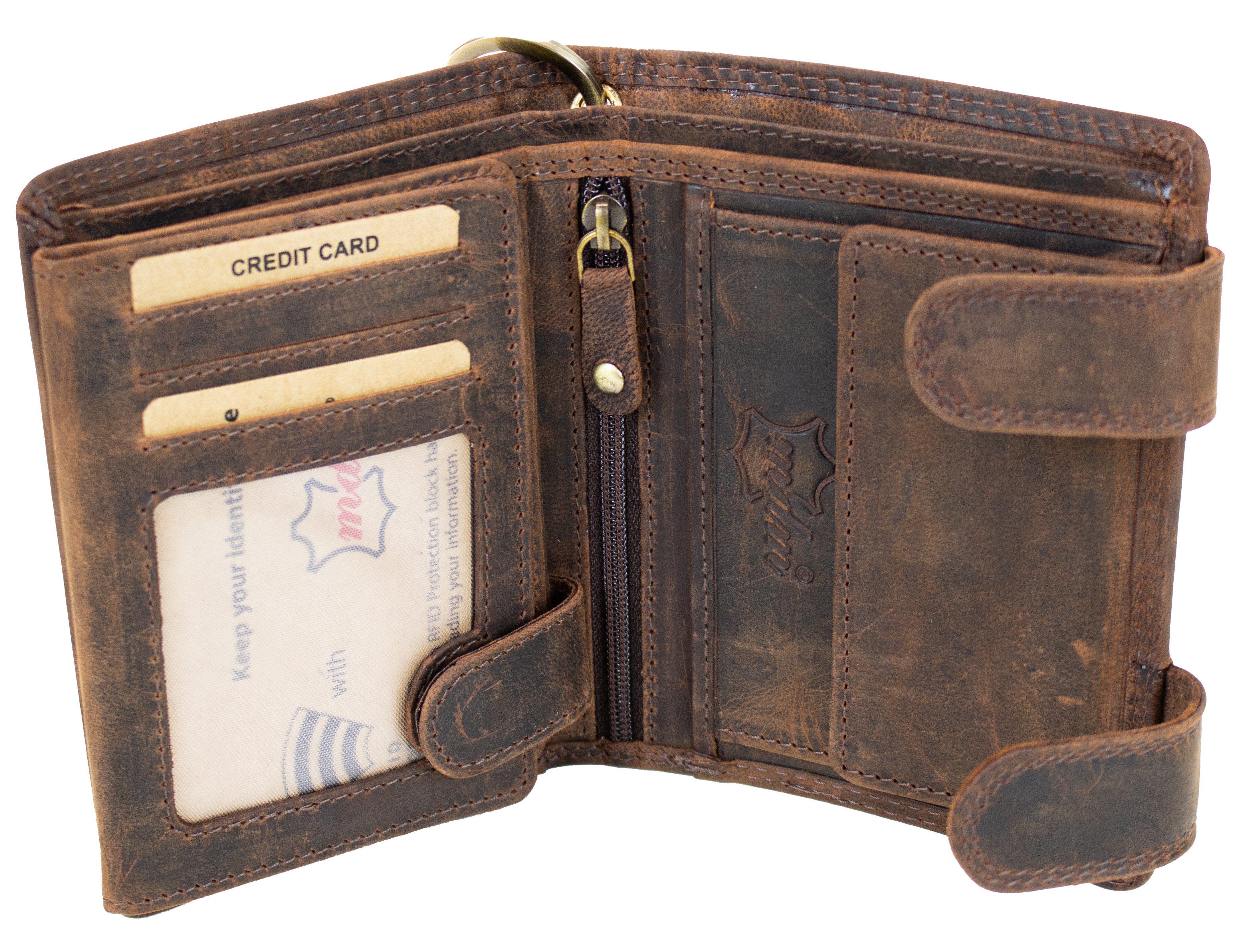 MDM Brieftasche Biker Geldbörse aus echtem Leder mit Metallkette und Adler-Prägung, 100 % Rindsleder Vintage-Design