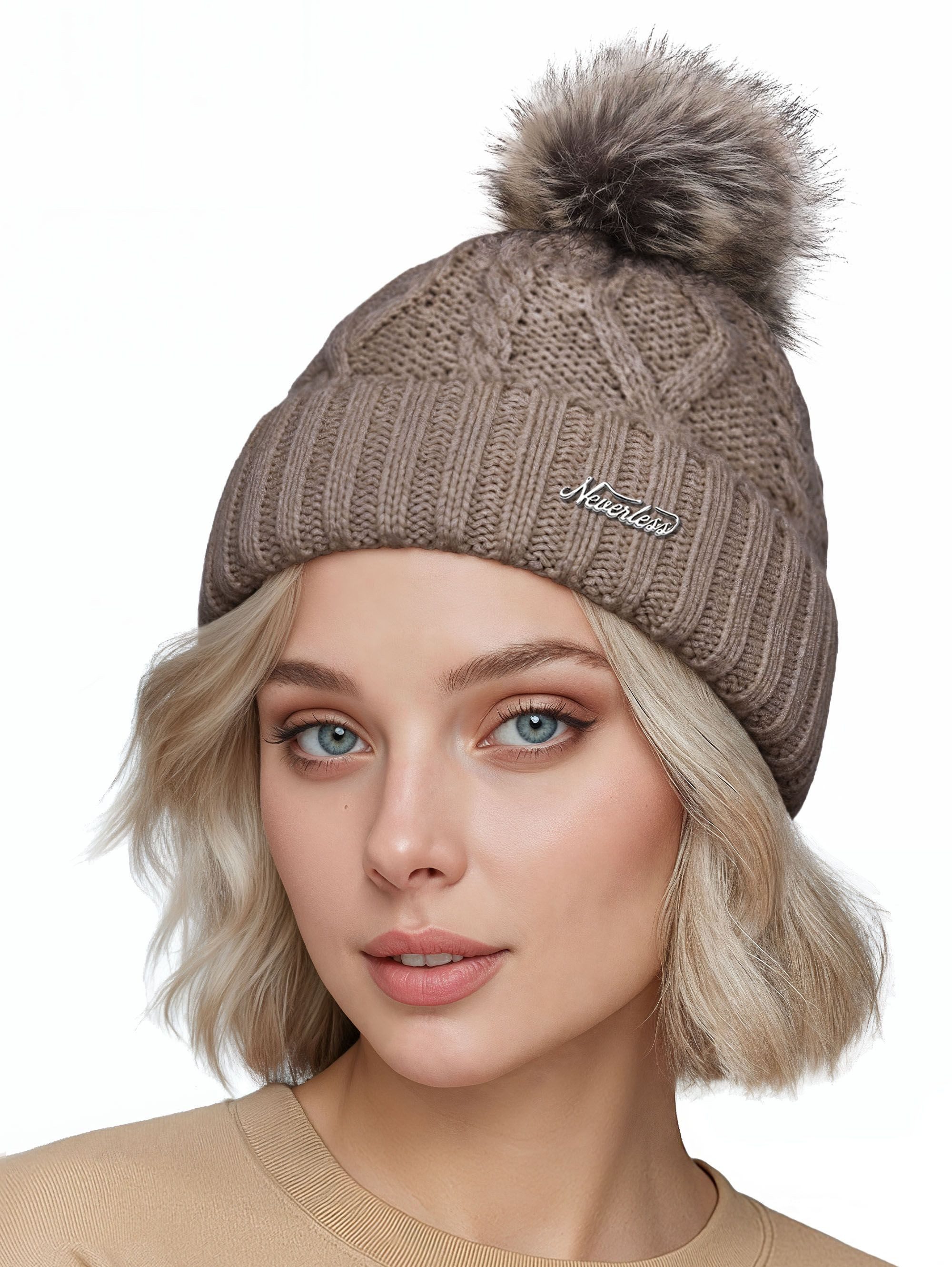 Neverless Bommelmütze gefütterte Damen Strickmütze Fell-Bommel Fleece-Futter Kunstfell