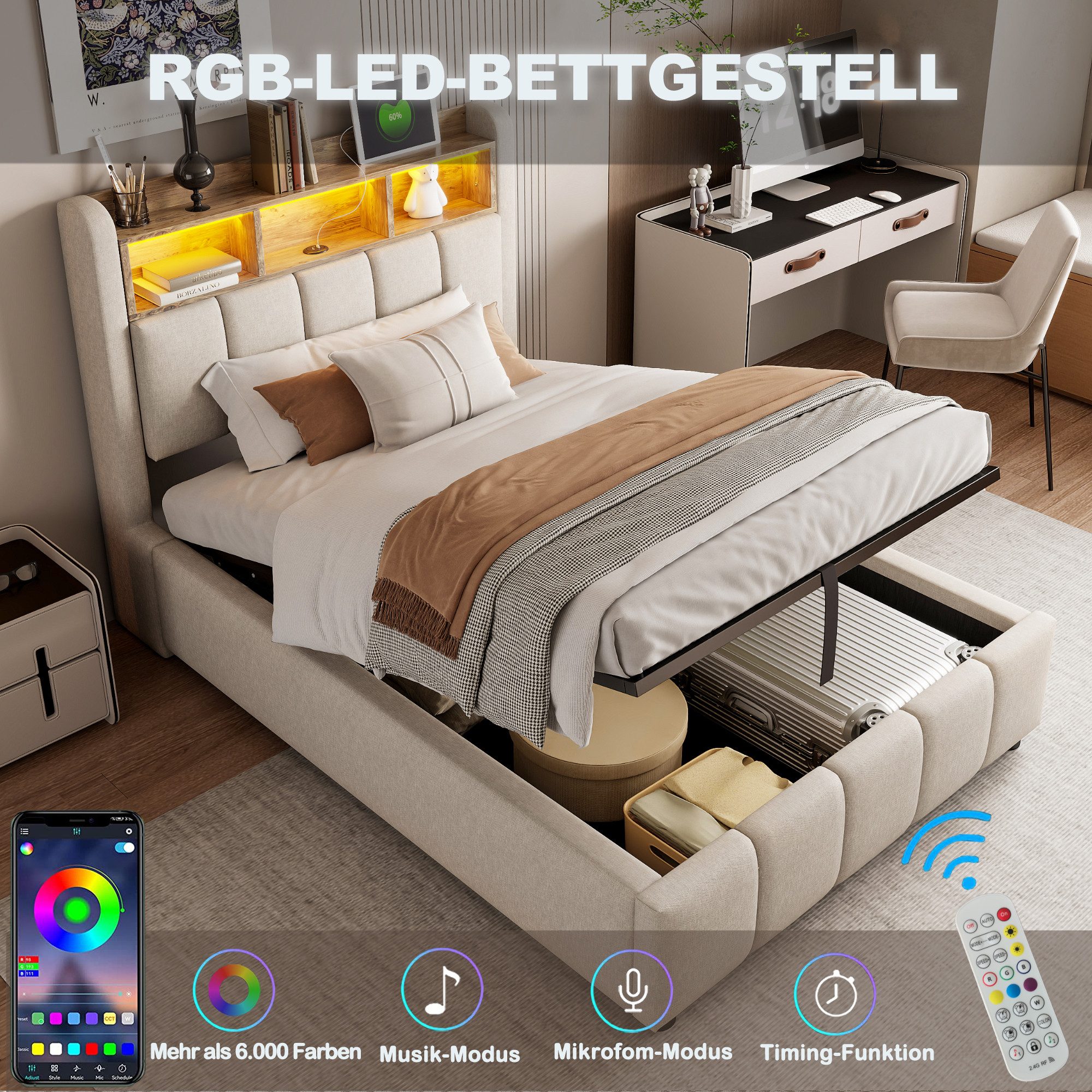 Merax Polsterbett mit hydraulischem Stauraum (215 x90 x 111 cm, 1-tlg., Leinenstoff), Jugendbett 90x200cm mit LED USB-Anschluss, Kopfteil mit Ablageflächen – Bild 4 von 5