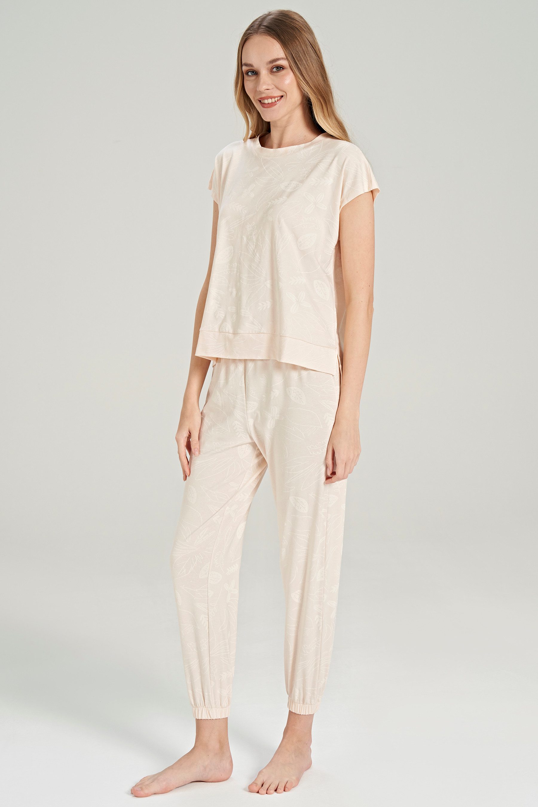 FEYZA Capri-Pyjama Damen Baumwoll-Pyjama-Set mit Blattmuster – 2-teilig, Beige