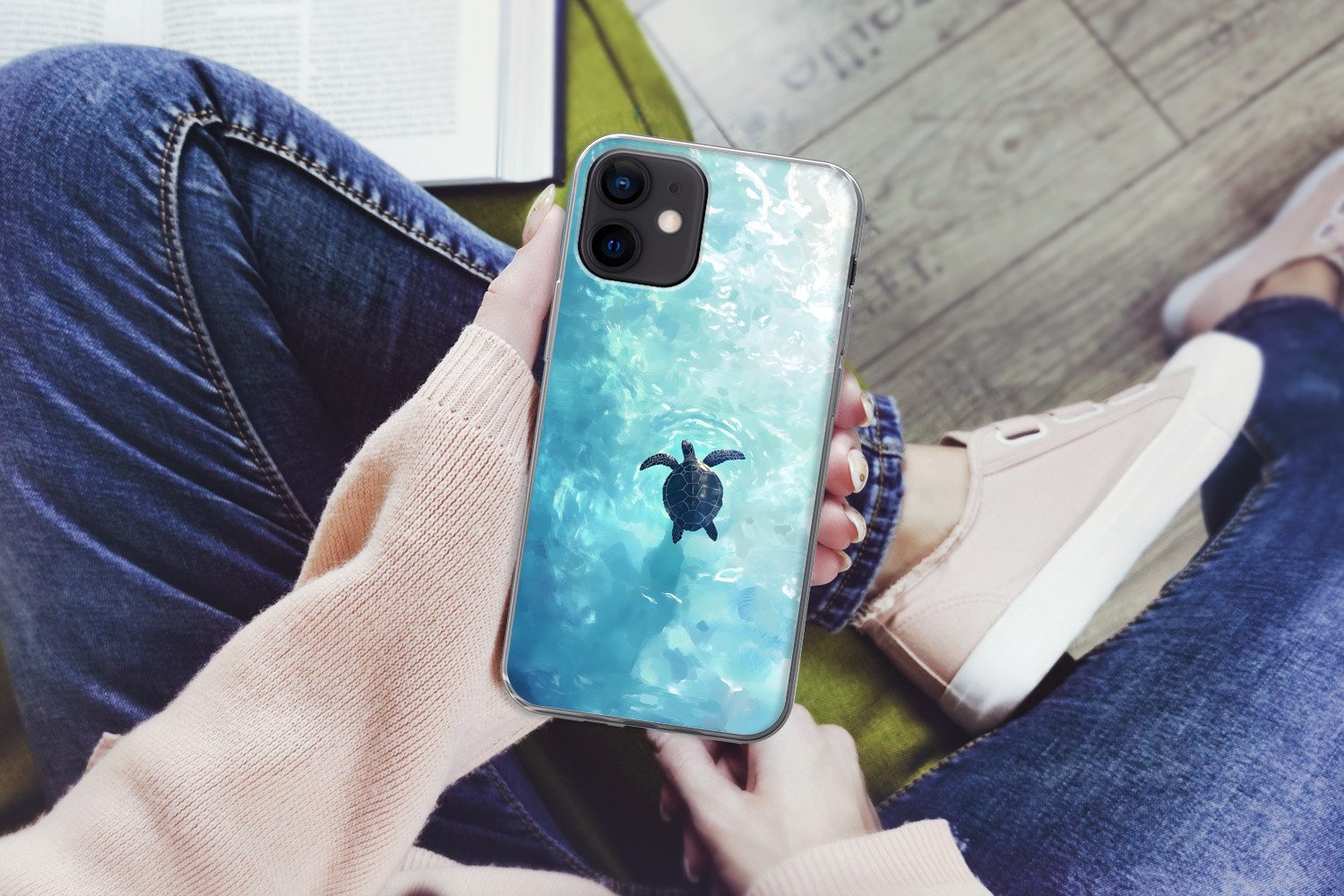MuchoWow Handyhülle für Apple iPhone 12 Mini Schildkröte - Meer - Blau - Glitzern, Smartphone-Bumper, Print, Handy Schutzhülle Dünn