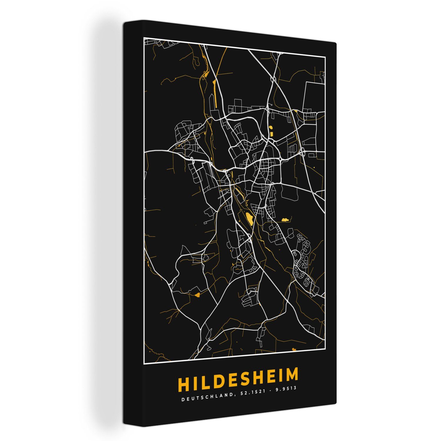 bespannt - Leinwandbild Deutschland, fertig inkl. OneMillionCanvasses® Leinwandbild Gold - cm Stadtplan - - St), 20x30 Hildesheim Karte Zackenaufhänger, Gemälde, (1