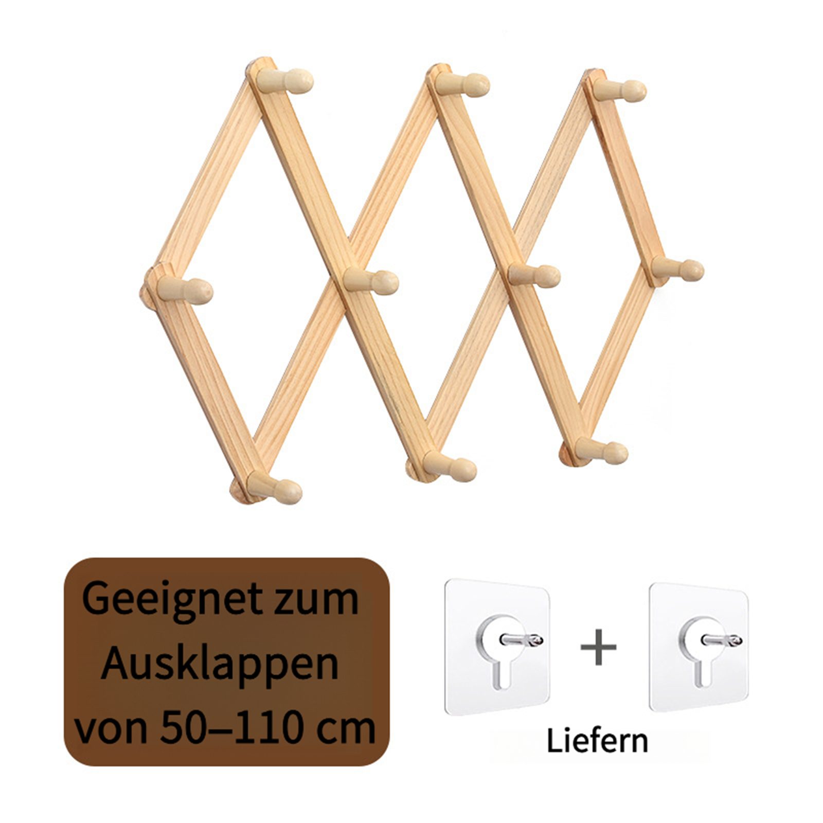 Jumpeak Garderobenleiste Garderobenhaken,garderobenhaken für die wand,ausziehbar,10 Haken,Holz, 10 rutschfeste Haken, ausziehbar, kein Bohren erforderlich