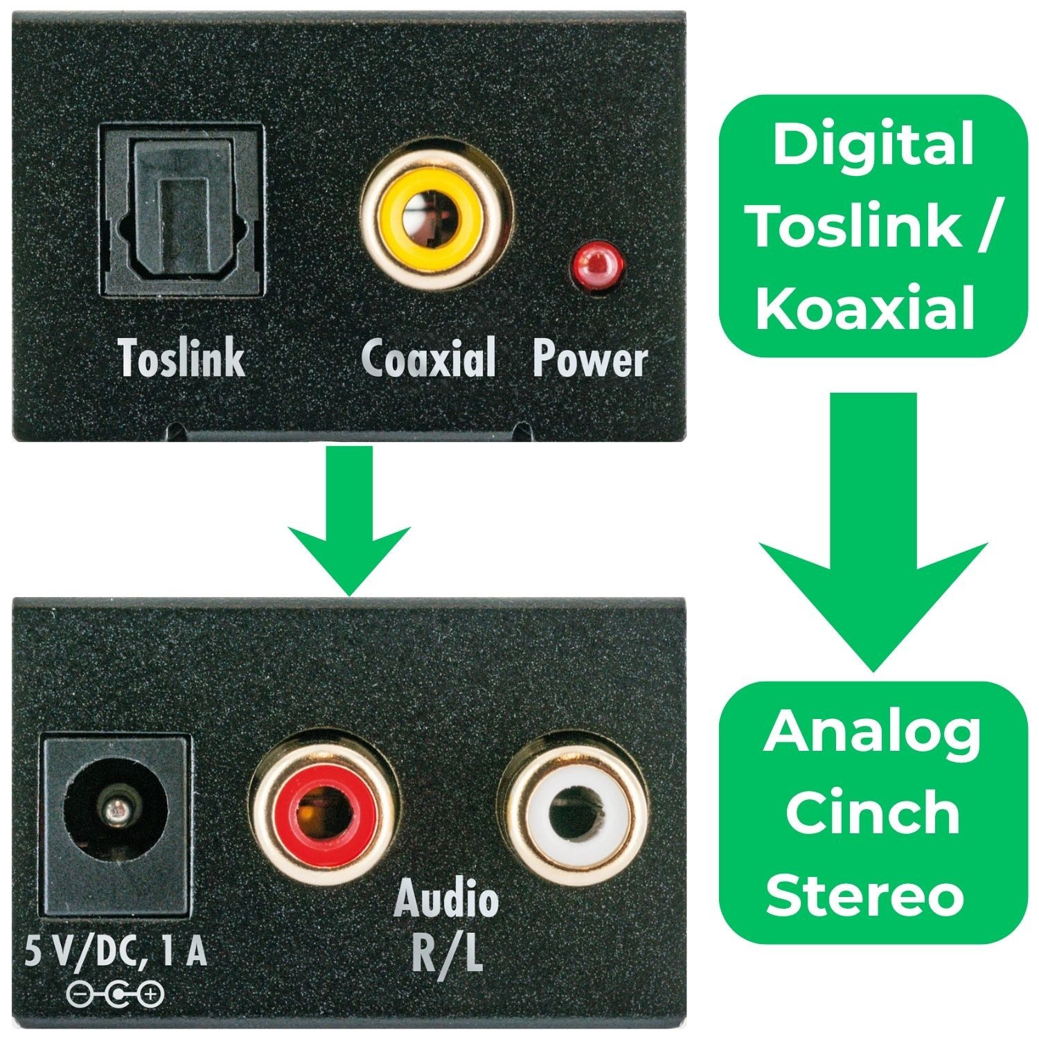 Schwaiger DAC Audio Konverter Adapter Box Gerät Wandler Audio-Adapter zu Koaxial RCA, Cinch, Toslink, 100 cm, Digital Koax Toslink optisch auf Analog Cinch 2x R – Bild 3 von 5
