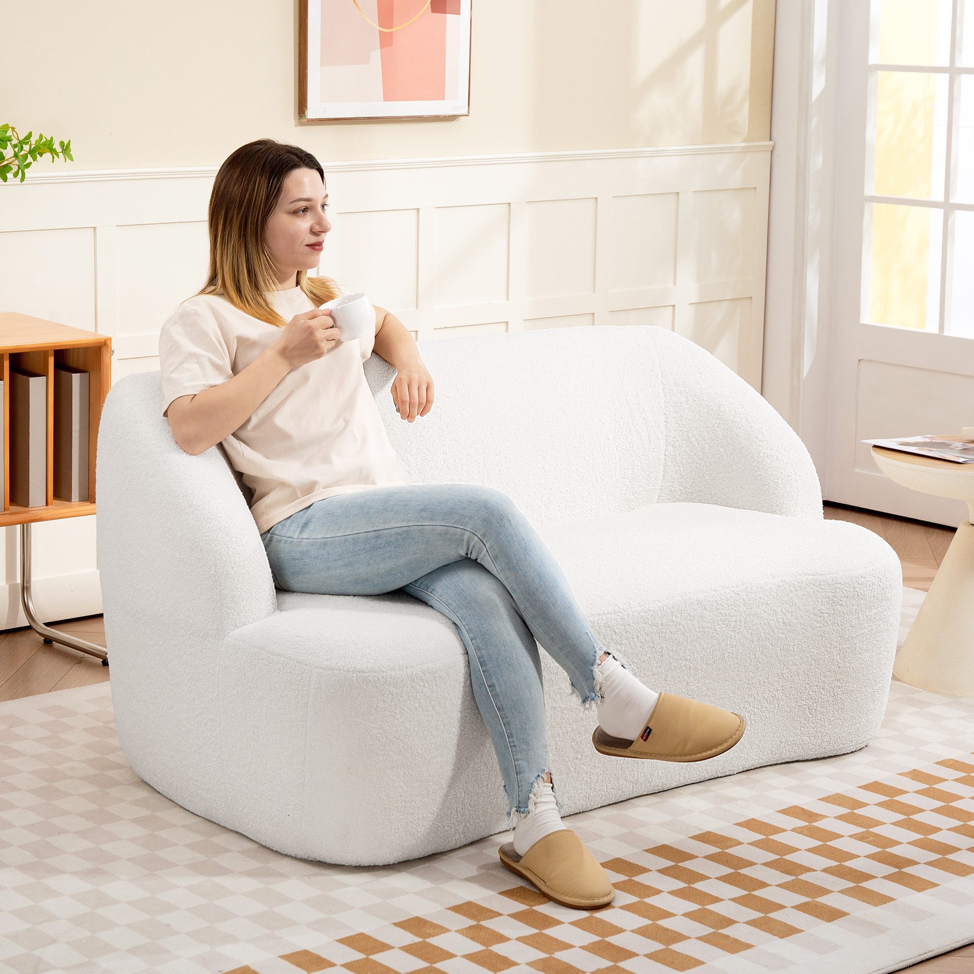HOMCOM Sofa Sofa Cloud Couch mit Armlehne, geschwungenem Design, Modernes Doppelsofa 1 Teile, für Wohnzimmer, Keine Montage erforderlich Cremeweiß