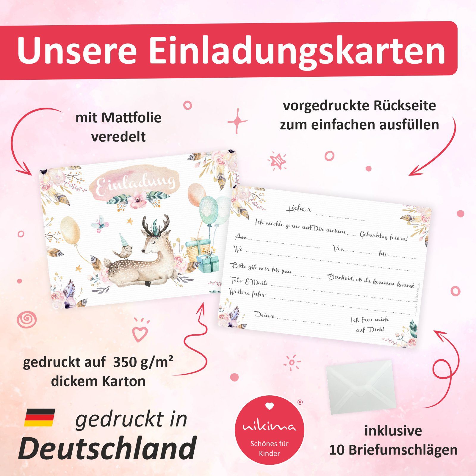 nikima Einladungskarten 10 Einladungskarten Reh Hirsch Luftballon inkl. Umschlag – Bild 2 von 5