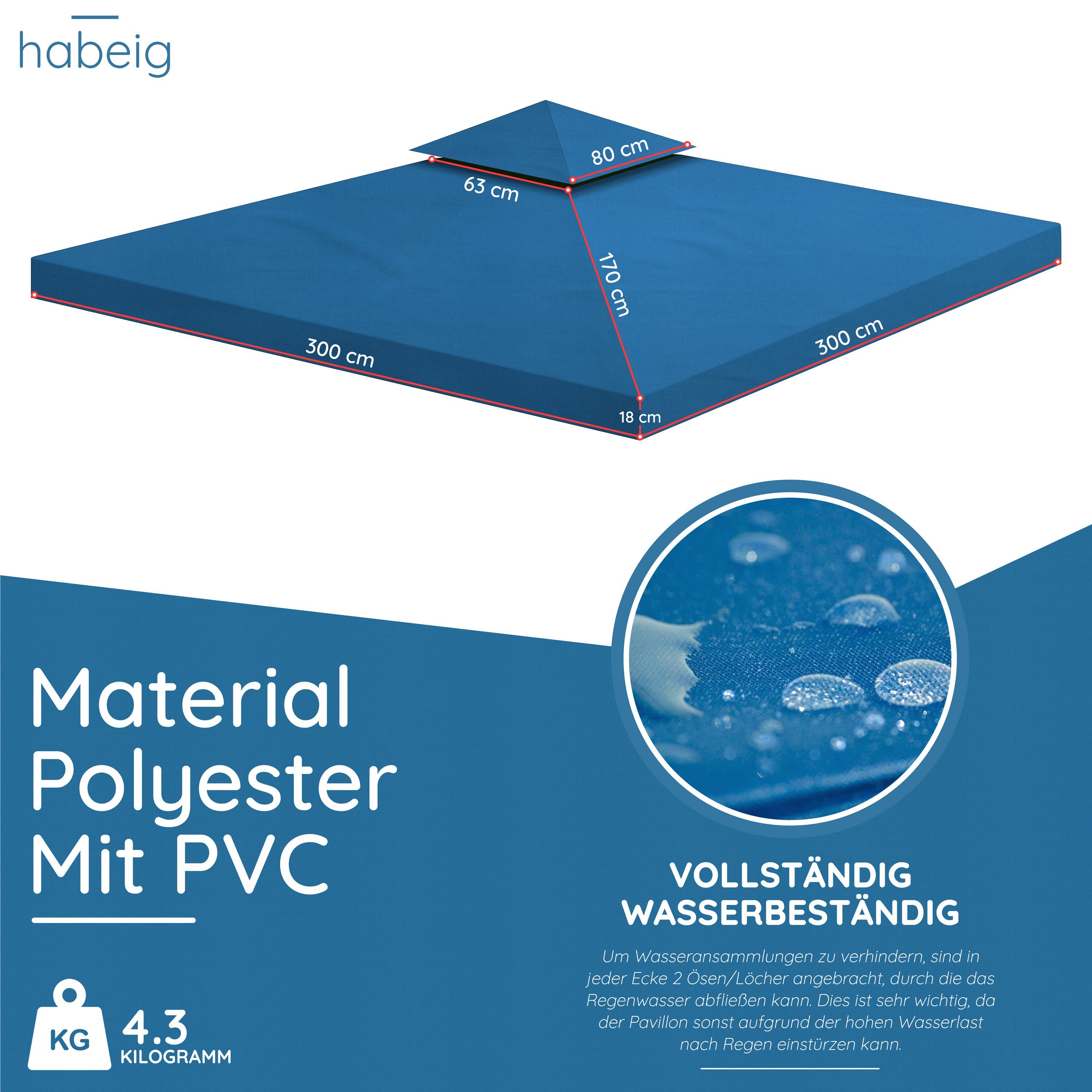 habeig Pavillon-Ersatzdach Pavillondach 340g/m² EXTRA STARK wasserdicht Himmelblau PVC 100% 360,00 g/m², Beschichtung Wasserdicht