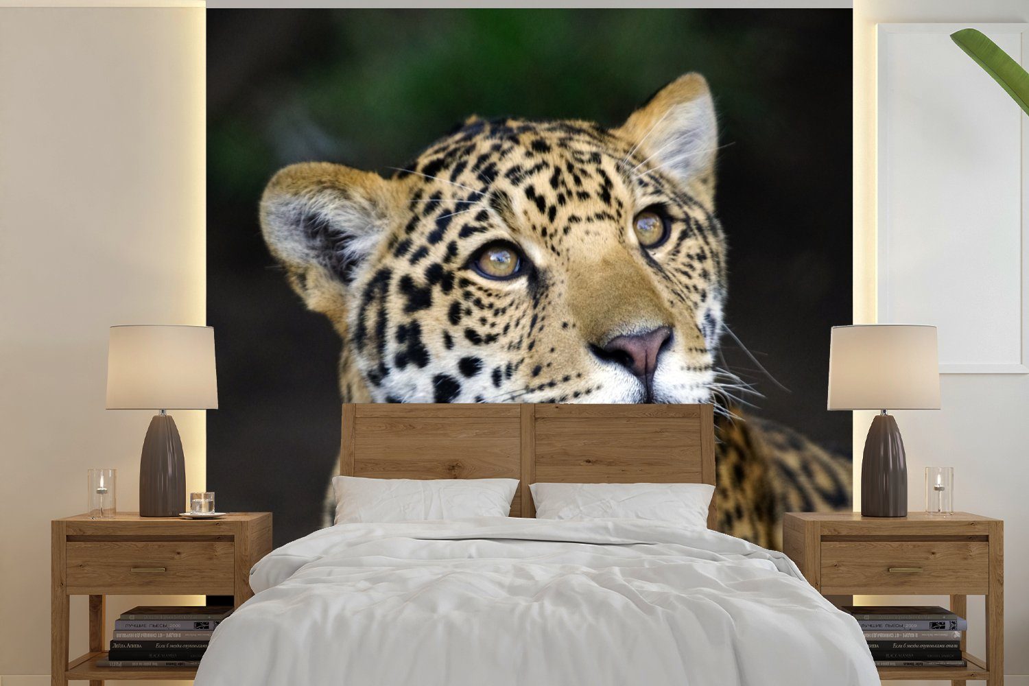 MuchoWow Fototapete Leopard - Kopf - Wald, Matt, bedruckt, (5 St), Vinyl Tapete für Wohnzimmer oder Schlafzimmer, Wandtapete | Fototapeten