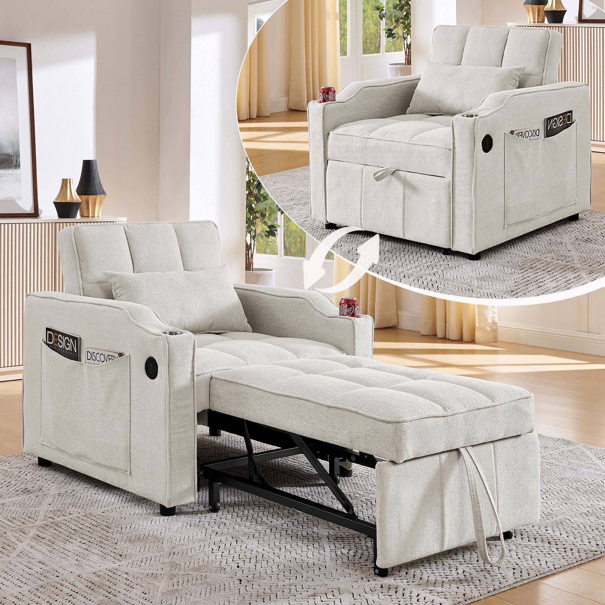 i@home Relaxsessel 1-Sitzer Sofa, faltbares Schlafsofa, Schlafsessel (platzsparend für Wohnzimmer und Schlafzimmer), USB/Type-C Anschluss, Schlafsofa (190cm) Edelstahl-Getränkehalter