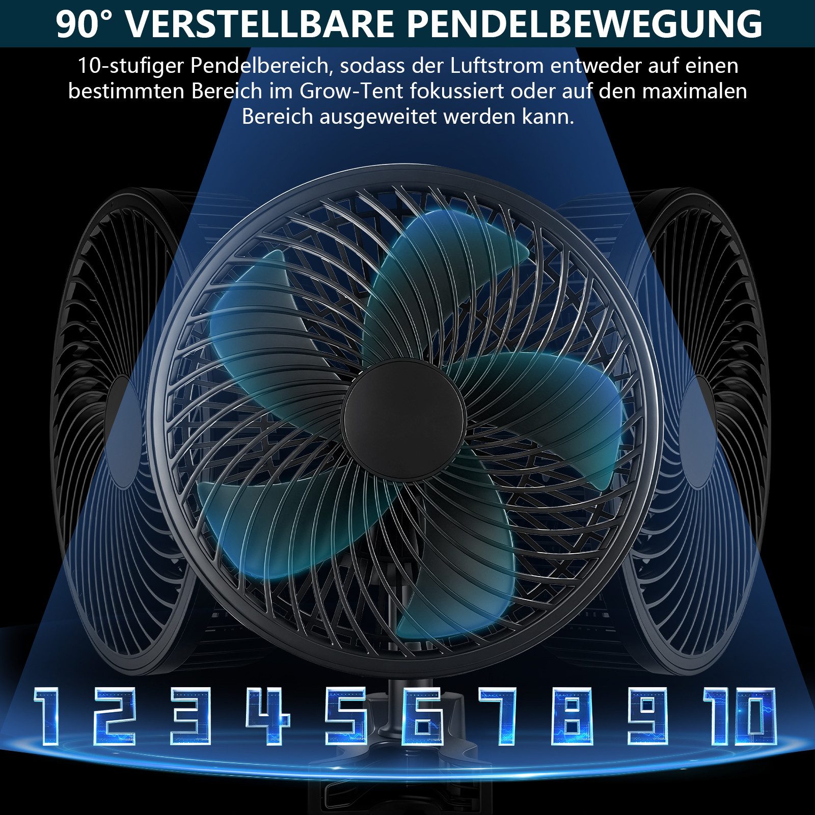 XIIW Wandventilator Grow Clip Ventilator Oszillierend Growzelt Growbox Umluftventilator, Leise 9W 10 Gang 543m³/h EC-Motor IP44 2 Modi