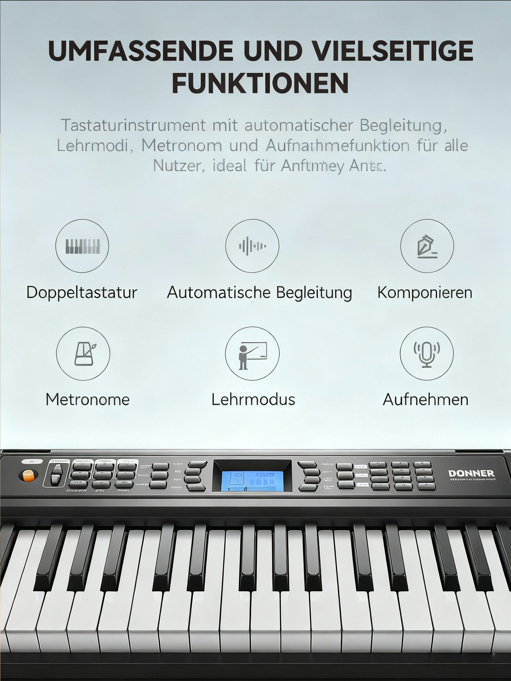 Donner Entertainer-Keyboard DEK-200 Keyboard, 61 Tasten, 300 Rhythmen mit Ständer & Mikrofon (Adapter, Mikrofon, Notenständer, Klavierbank, Klavierständer), Nachklang, Vibrato, Keyboard-Separation, Transponierung, Dual-Sound
