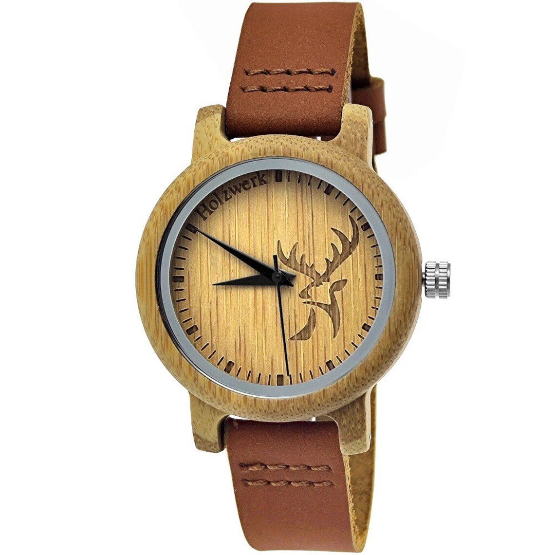 Holzwerk Quarzuhr GERA kleine Damen Leder & Holz Armband Uhr, Hirsch Logo, braun, beige