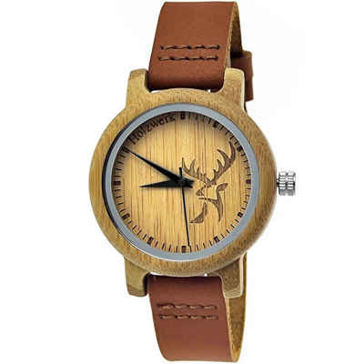 Holzwerk Quarzuhr GERA kleine Damen Leder & Holz Armband Uhr, Hirsch Logo, braun, beige