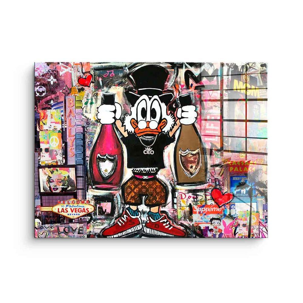 DOTCOMCANVAS® Acrylglasbild Dagobert in Las Vegas - Acrylglas, Dagobert Duck Acrylglasbild quer Las Vegas Comic Pop Art Collage