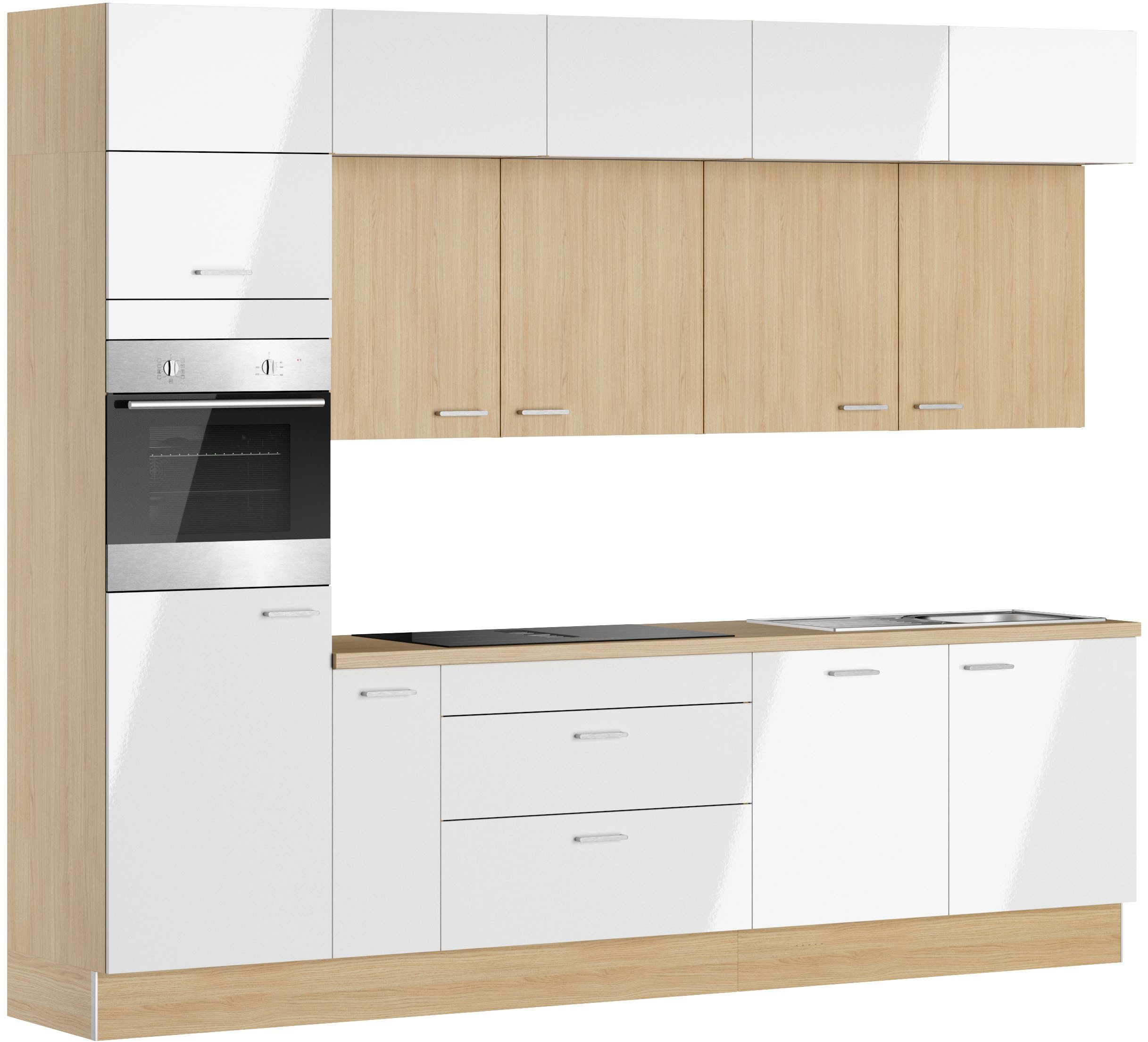 KOCHSTATION Küchenzeile KS-Lucy wahlweise mit Induktionskochfeld mit integriertem Dunstabzug, Breite 300 cm, Soft-Close, inkl. Zubehör, wahlweise mit E-Geräten