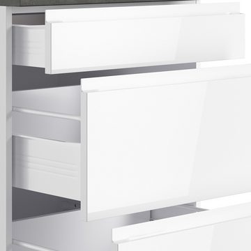 Lomadox Küchenzeile MARSEILLE-03, Fronten Hochglanz weiß, Arbeitsplatte Betonoptik, 360cm, ohne E-Geräte