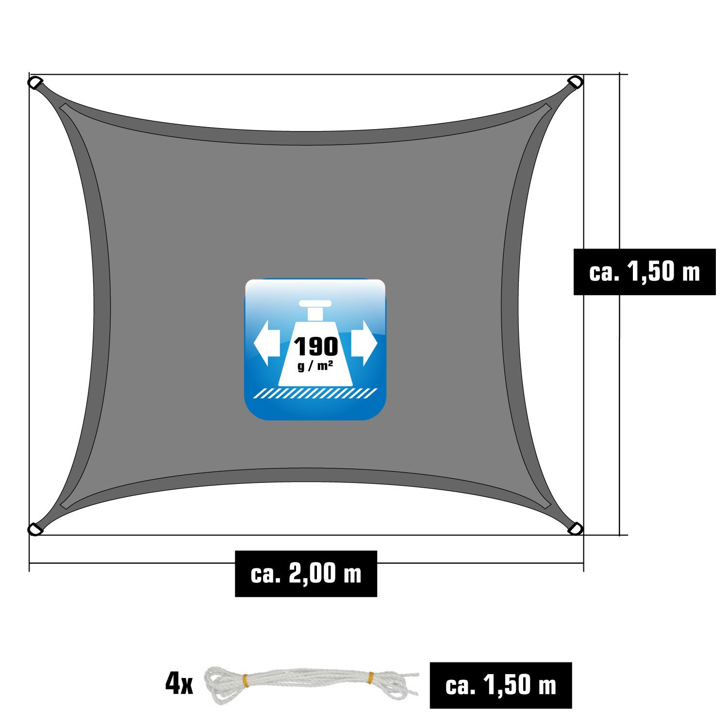 AMANKA Sonnensegel mit UV Schutz - 2 x 1,5 m Wasserdicht - Sonnenschutz Garten & Balkon, Polyester Sonnenschutzsegel Rechteckig - Überdachung mit Regenschutz