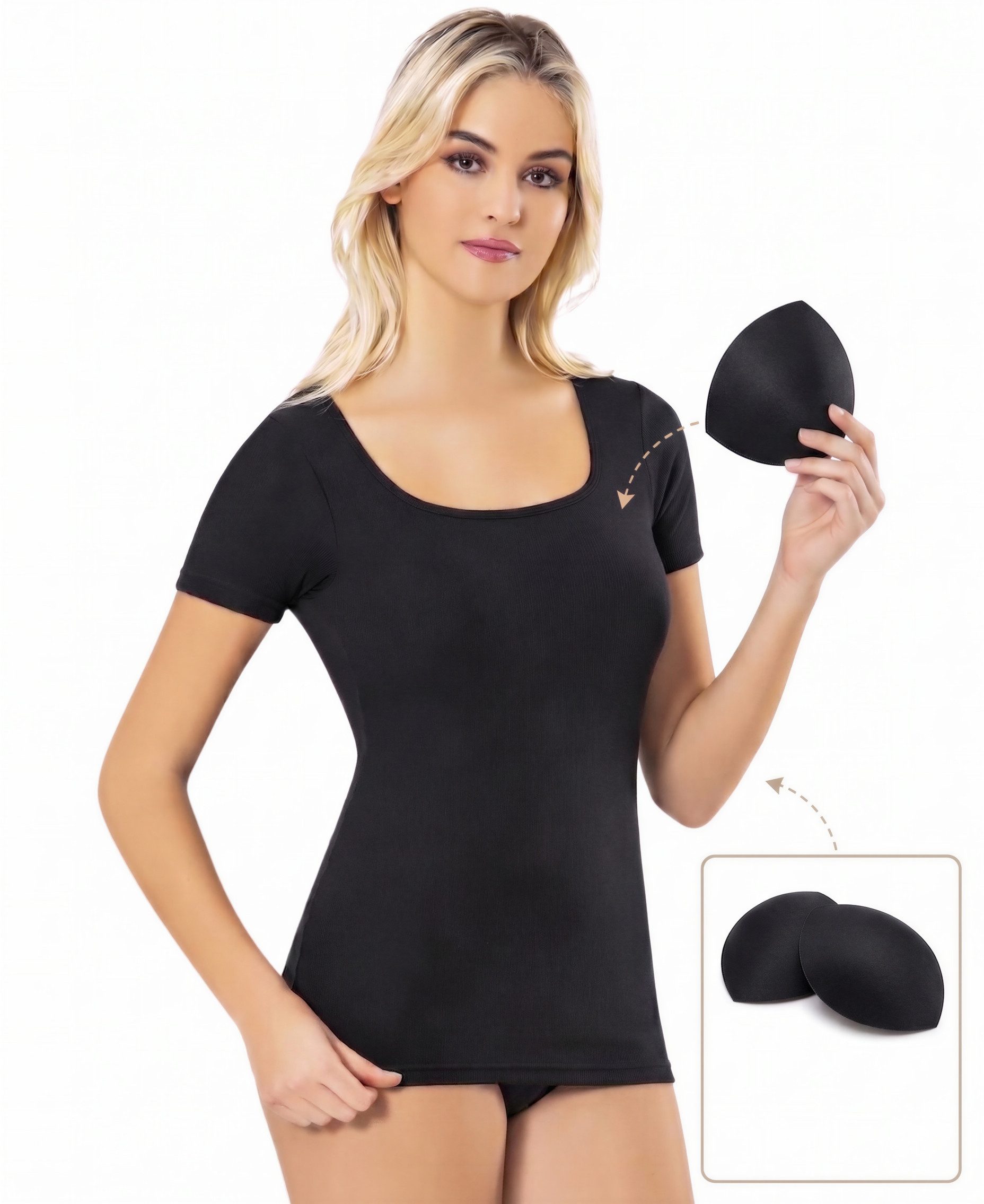 fashionshowcase Shirttop Damen Modal-Rippshirt mit Karree-Ausschnitt, Halbarm & Pads (mit Pads) Modal-Anteil für besonders weichen Griff