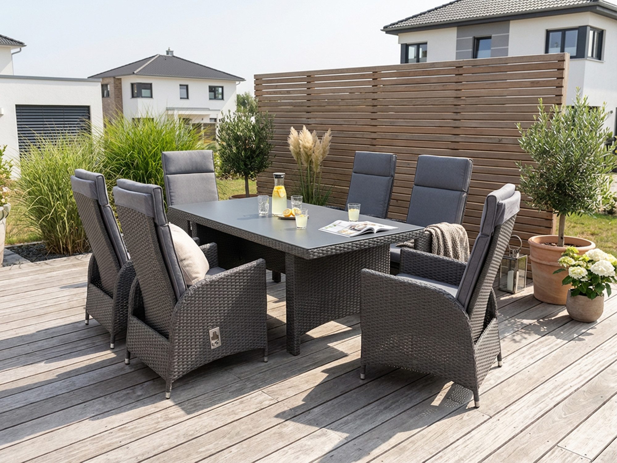 KONIFERA Garten-Essgruppe »Newcastle«, (Set, 13-tlg., 6 Sessel, Rückenlehne verstellbar, Tisch 95x200x75 cm, inkl. Auflagen), Aluminium/Polyrattan