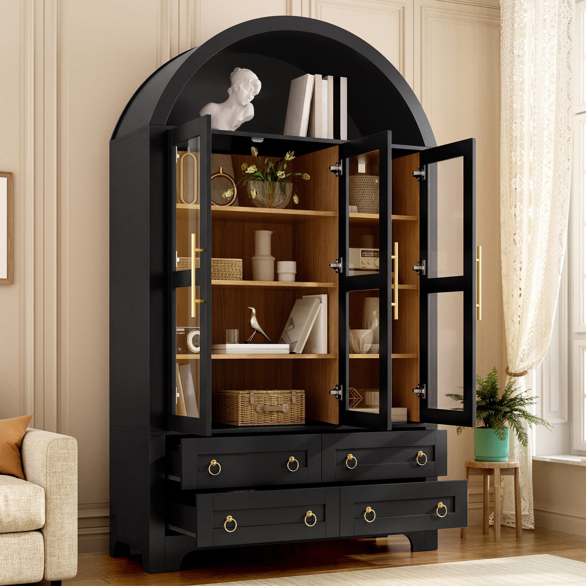 Merax Hochschrank Bogen-Mehrzweckschrank Glasvitrine mit Aluminiumgriffen (Anrichte Sideboard Aufbewahrungsschrank, 1-St., 110 L x 40 B x 185 H cm) Wohnzimmersc – Bild 2 von 5
