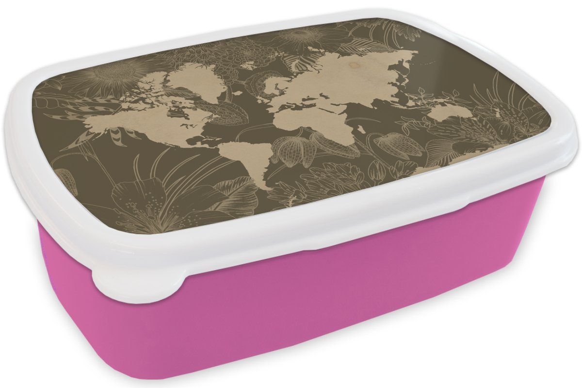 Weltkarte Blumen Erwachsene, - Mädchen, Snackbox, Kinder, Braun, MuchoWow Kunststoff, - (2-tlg), für Kunststoff Lunchbox Brotbox Brotdose rosa