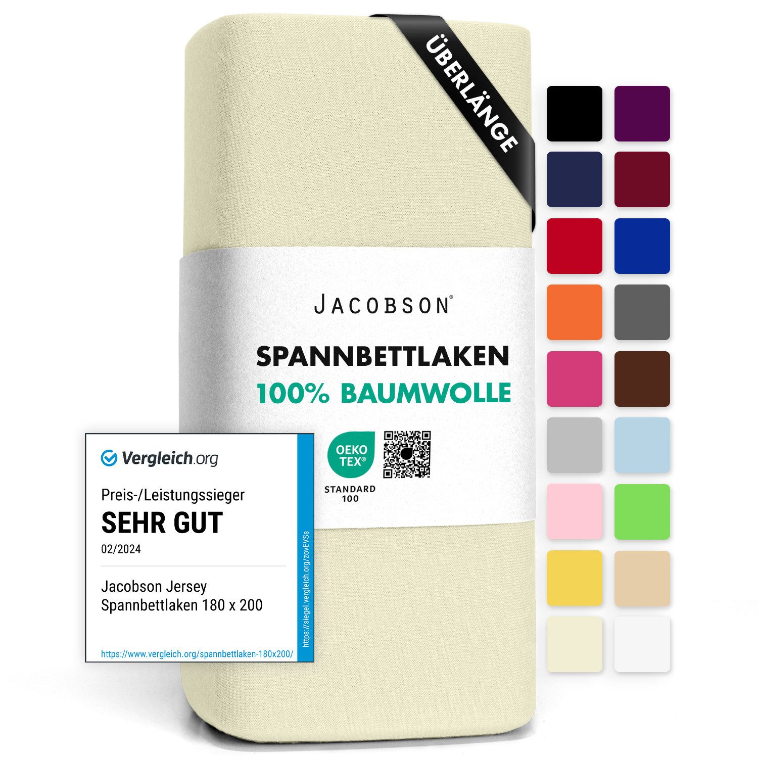 Jacobson Spannbettlaken BOXSPRING & ÜBERLÄNGE aus 100% Baumwolle, für hohe & lange Matratzen, Jersey Bettlaken 160 g/m²