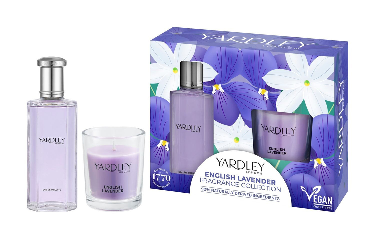 Yardley Eau de Toilette Set Lavendel + Kerze 50 ml, 2-tlg., Eau de Toilette 50ml