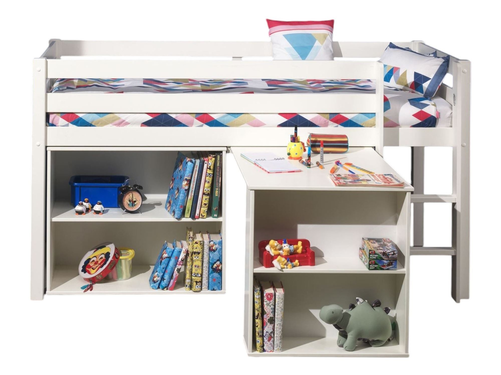 58 aufm Kessel Kinderbett Spielbett Karolina 210x106x114 Kinderbett Massivholz+MDF Weiß (inkl. Versand, Lieferung bis Verwendungsstelle), Liegefläche 90x200, funktionelles Hochbett mit Schreibtisch und Regal